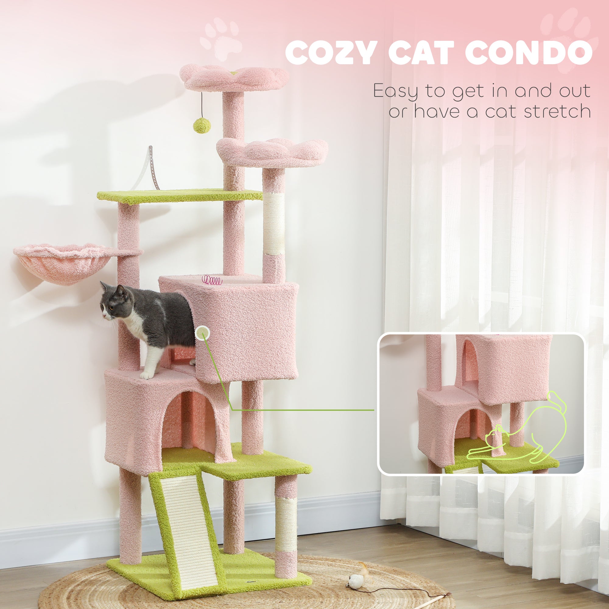 pawhut-arbre-chat-fleur-157-cm-62-2-niches-2-couches-et-hamac-rose image 8