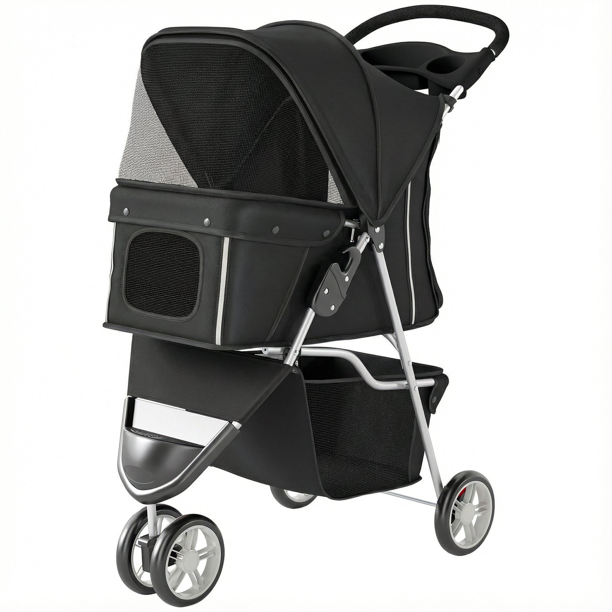pawhut-poussette-chien-et-chat-3-roues-pliable-avec-porte-gobelet-noir image 2