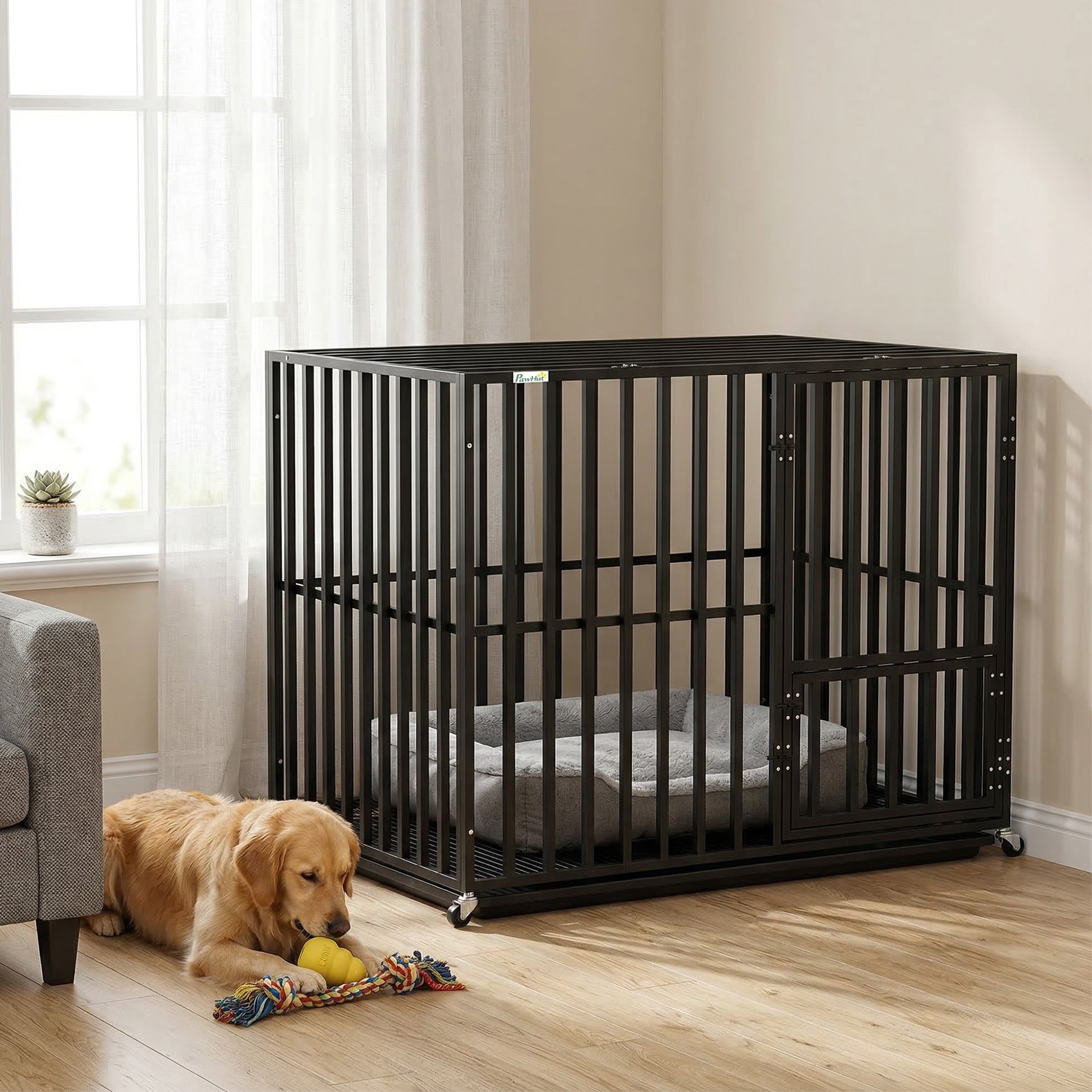 pawhut-cage-chien-robuste-xxl-107-x-69-x-81-cm-avec-roues-noire image 3