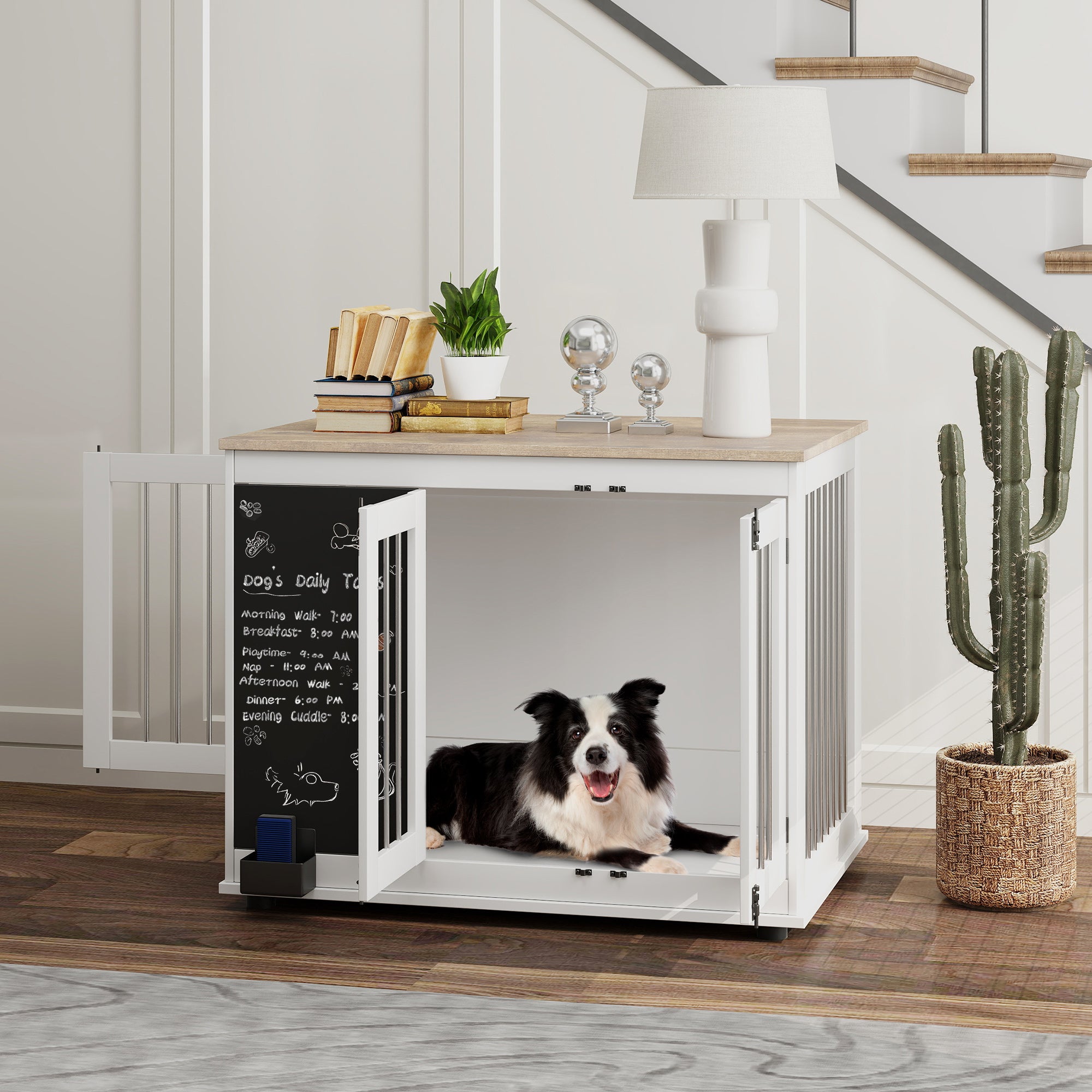 pawhut-niche-meuble-3-portes-blanche-avec-tableau-noir-pour-grand-chien image 4