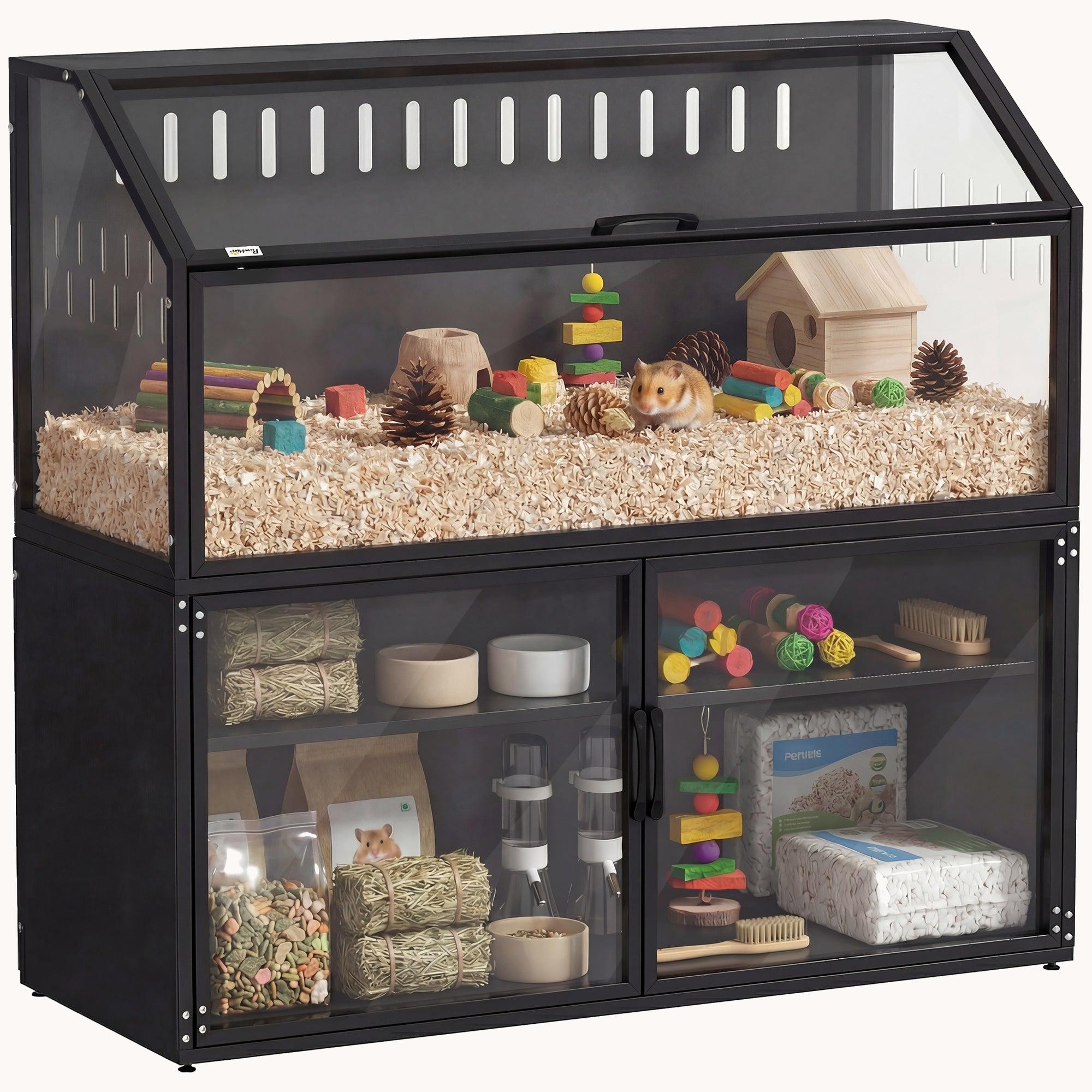 pawhut-cage-hamster-noire-avec-meuble-de-rangement-panneaux-acryliques-et-toit-o image 1