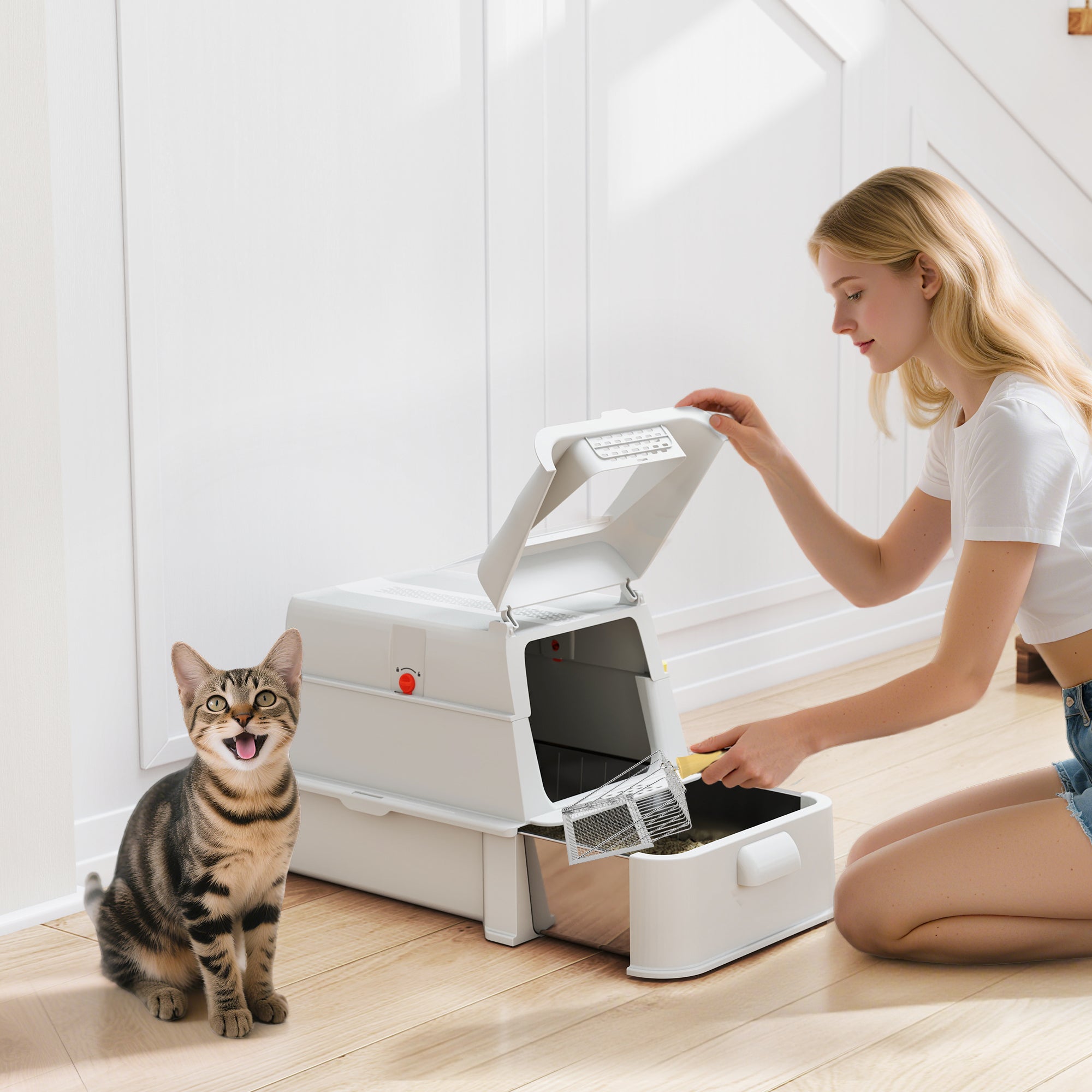 pawhut-bac-liti-re-xl-inox-avec-couvercle-et-tiroir-coulissant-gris-clair image 3