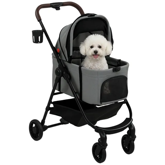 pawhut-poussette-pour-chien-3-en-1-pliable-avec-nacelle-d-tachable-gris image 1