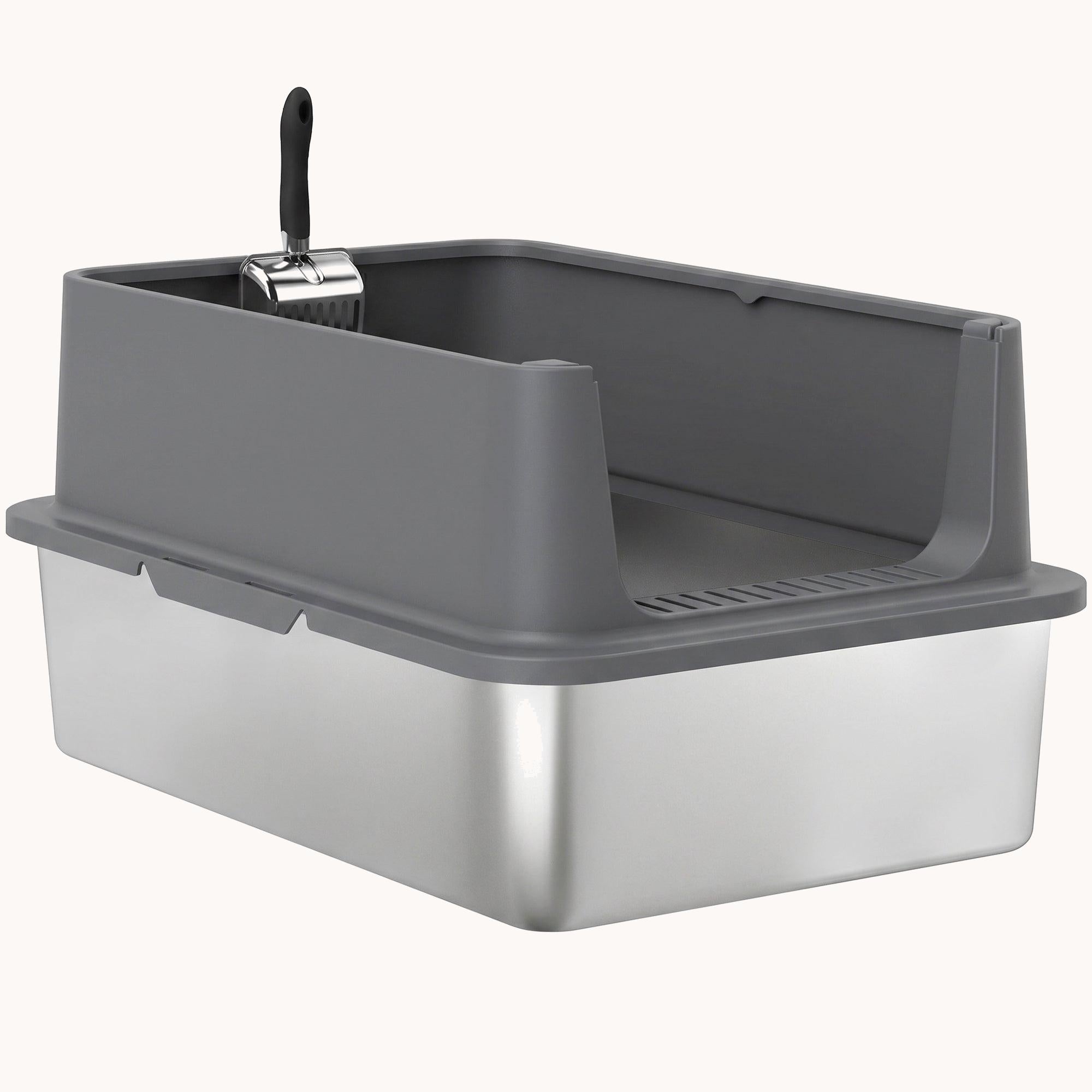 pawhut-bac-liti-re-chat-xl-inox-bords-hauts-avec-pelle-60-x-40-x-30-cm-gris-fonc image 2