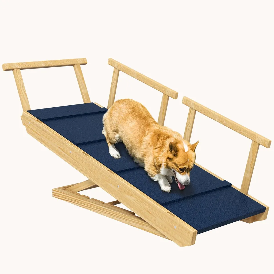 pawhut-rampe-pliable-pour-chien-en-bois-de-pin-4-hauteurs-r-glables-tapis-antid- image 1