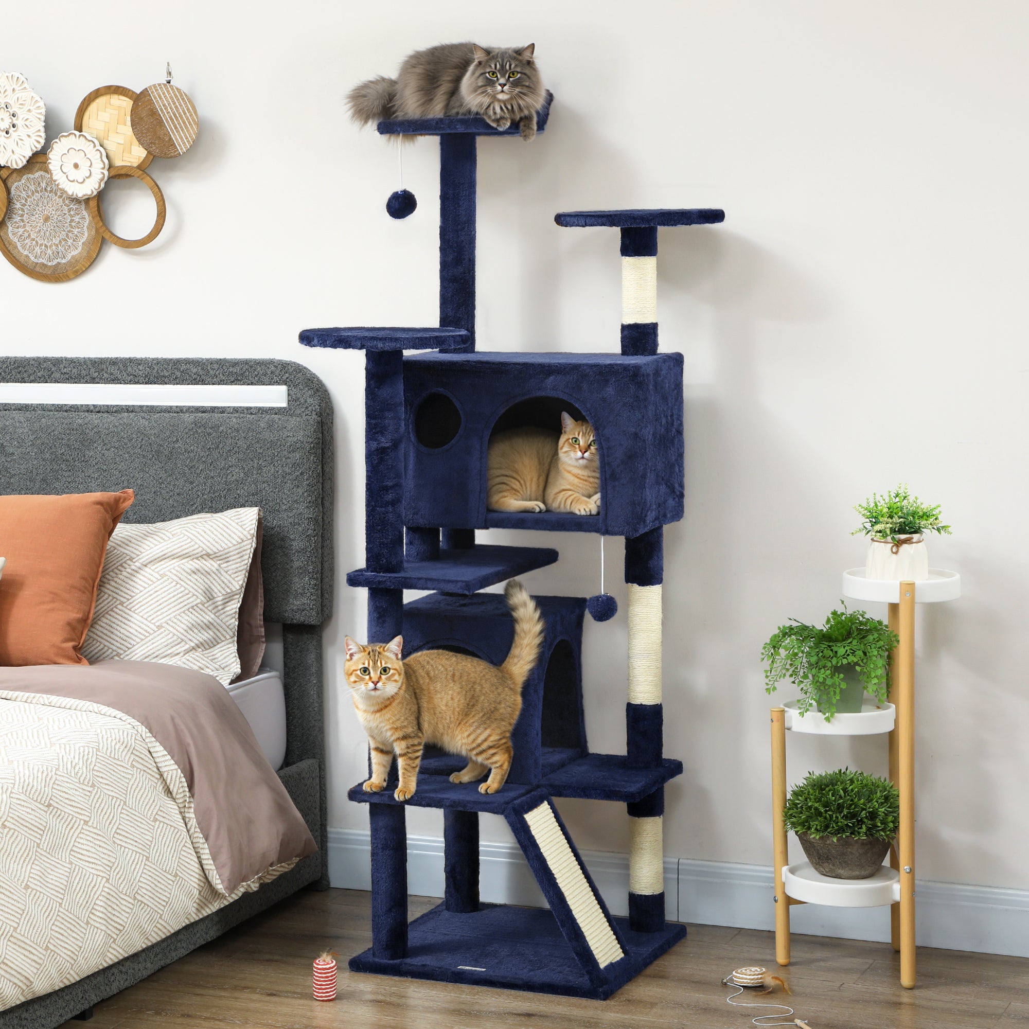 pawhut-arbre-chat-63-avec-condos-lit-rampe-et-griffoir-bleu-fonc image 4