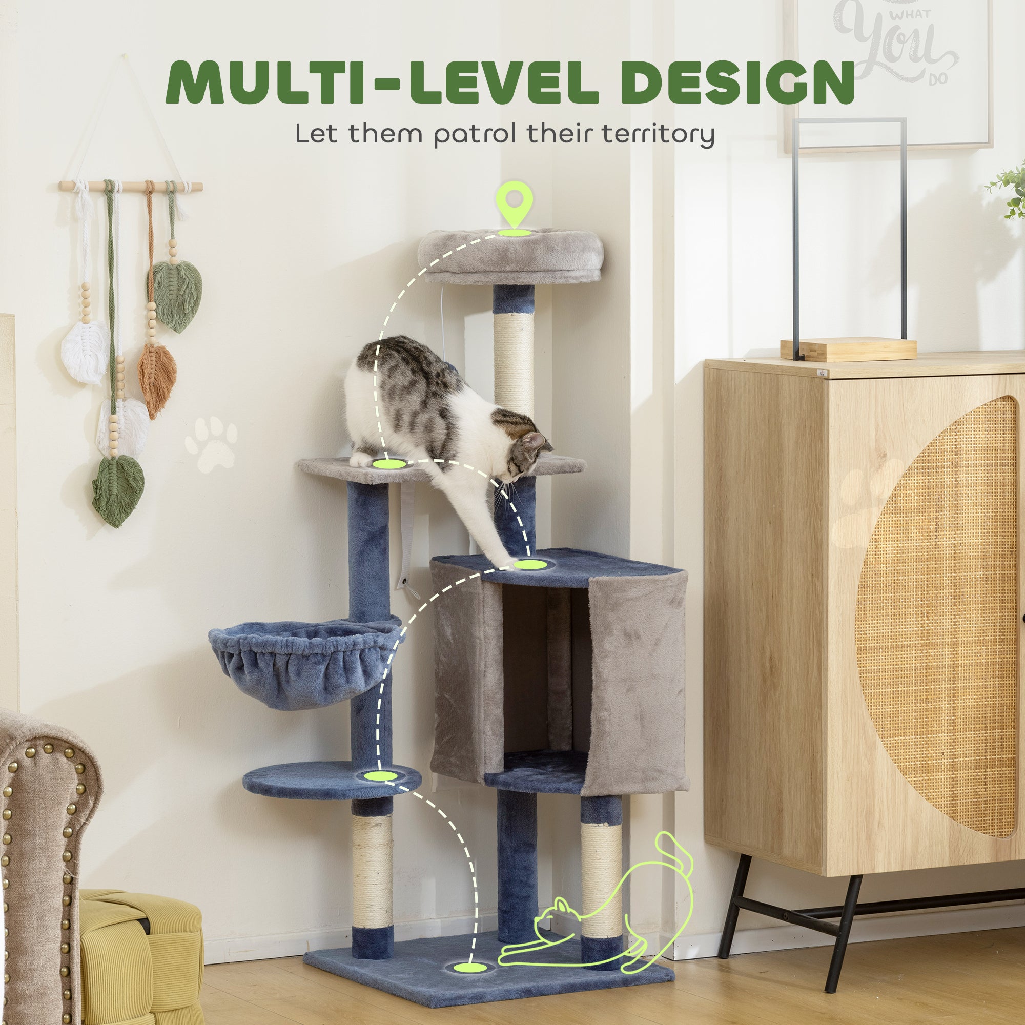 pawhut-arbre-chat-moderne-122-cm-bleu-gris-niche-hamac-perchoir-et-griffoirs image 6