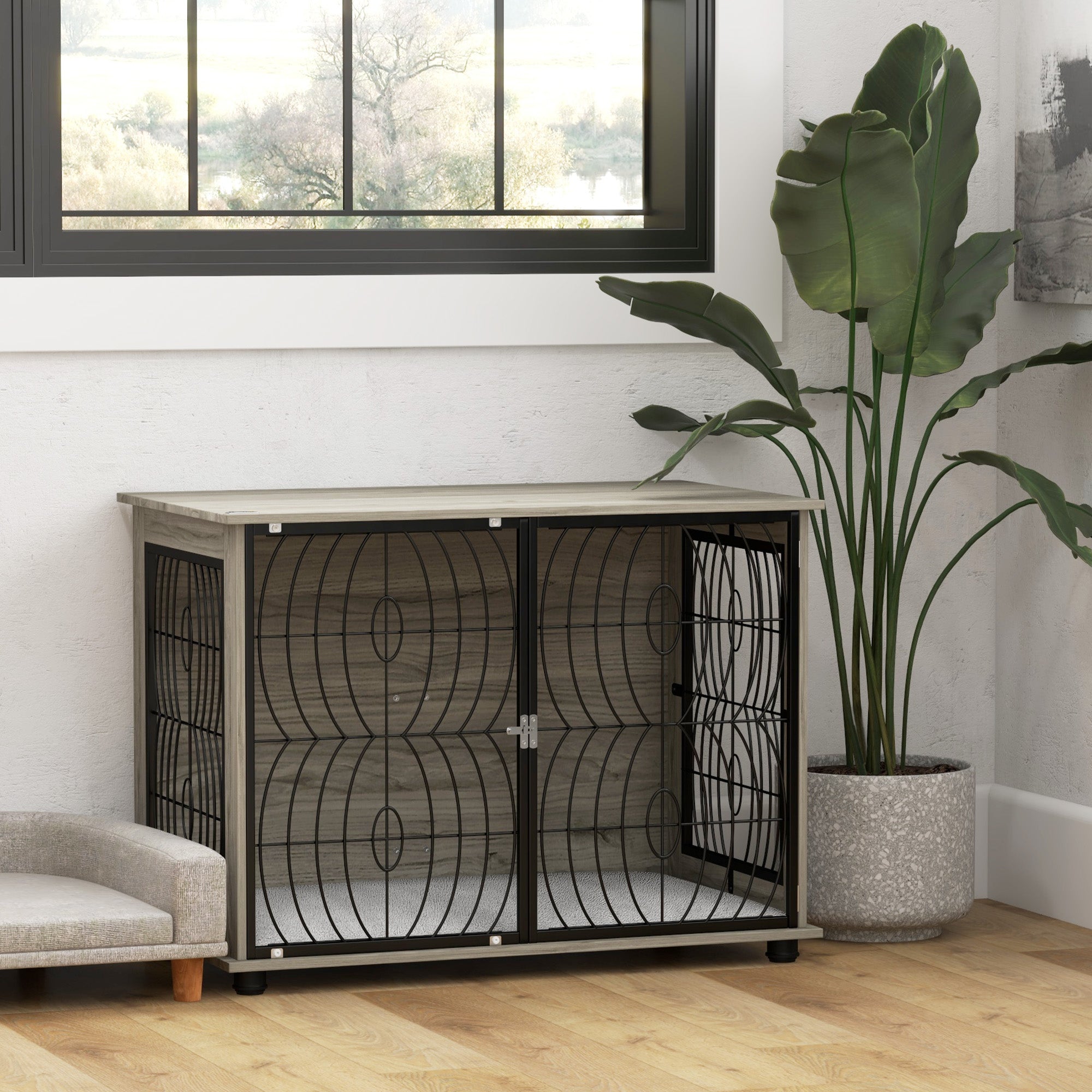 pawhut-niche-caisse-pour-chien-table-d-appoint-100x60x74-cm-avec-coussin-gris image 4