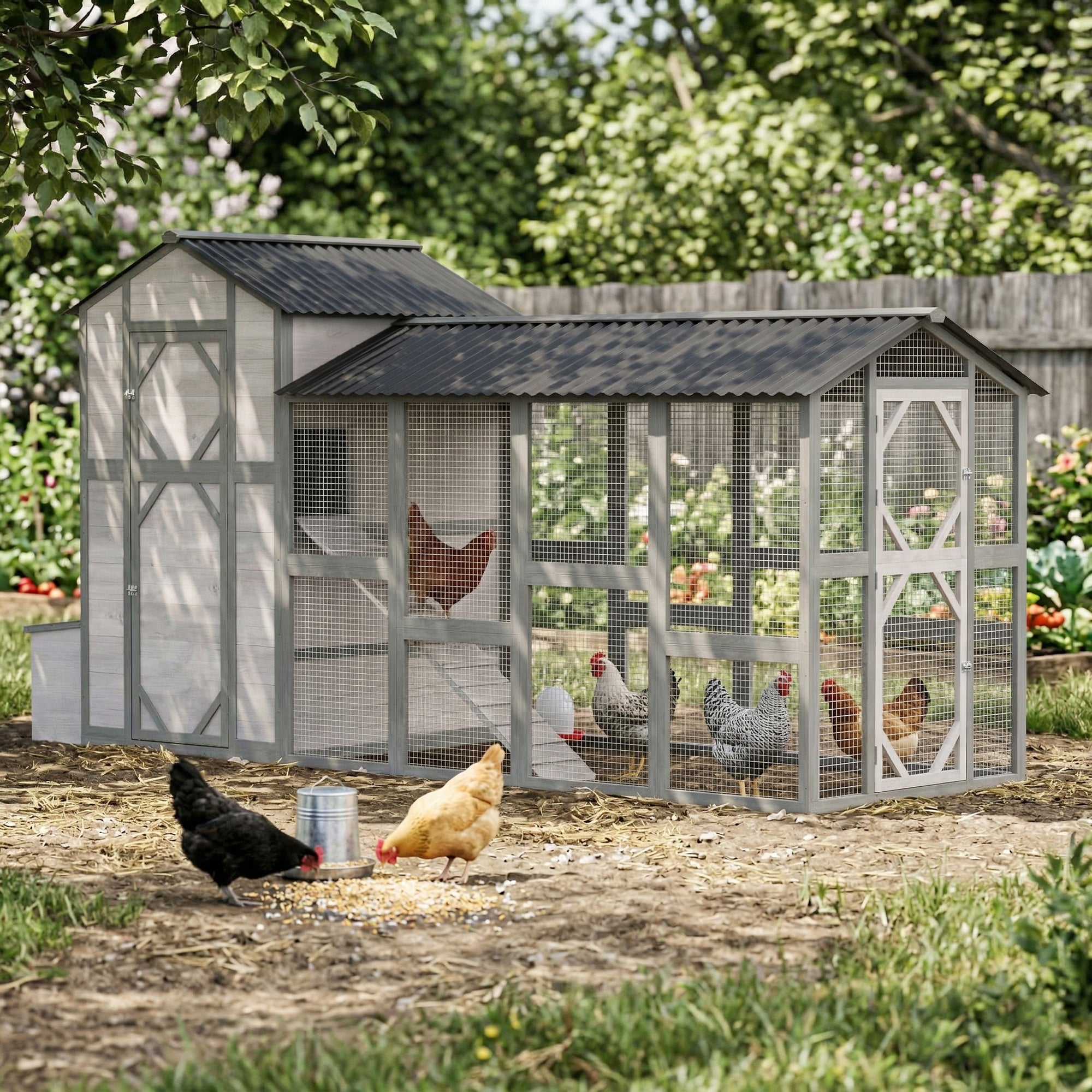 pawhut-poulailler-bois-xxl-373-cm-gris-avec-enclos-pondoir-et-tiroir image 4