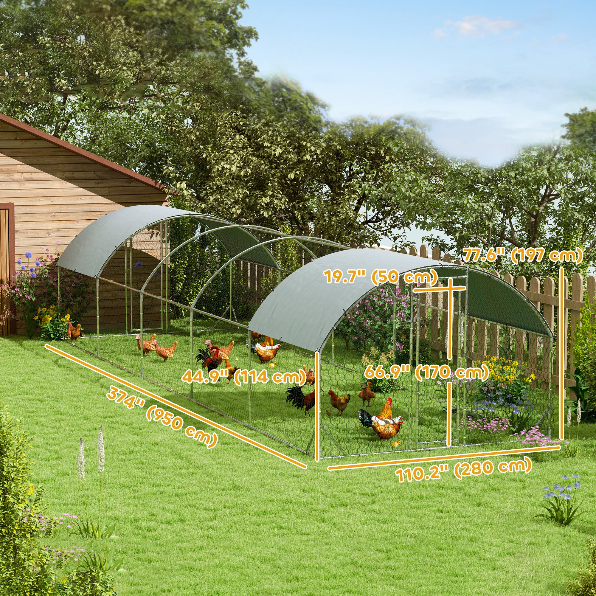 pawhut-grand-parc-grillag-poules-toit-d-me-avec-b-che-9-2-x-31-2-x-6-4-argent image 5