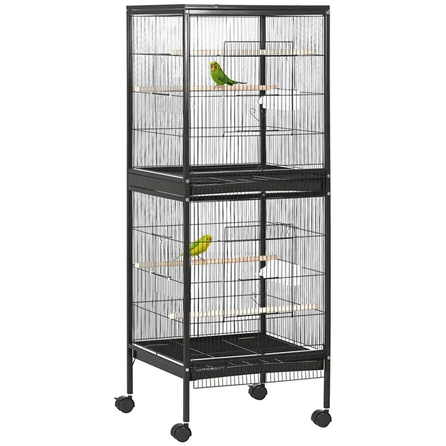 pawhut-cage-oiseaux-2-en-1-convertible-avec-plateaux-faciles-nettoyer-noir image 1