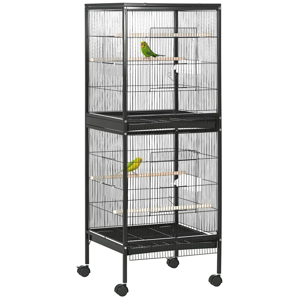 pawhut-cage-oiseaux-2-en-1-convertible-avec-plateaux-faciles-nettoyer-noir image 1