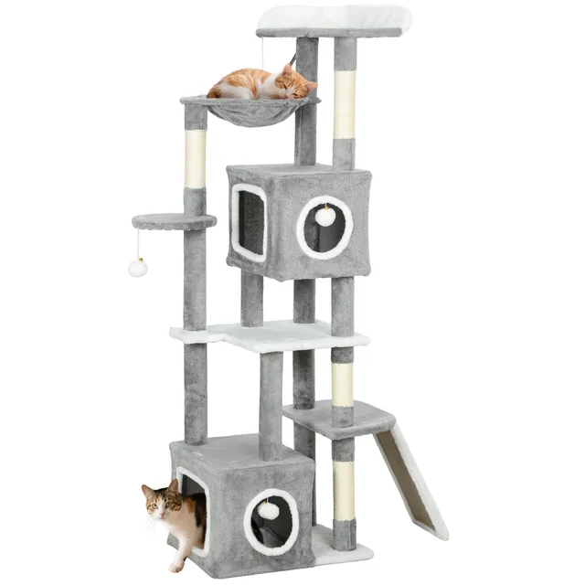 pawhut-arbre-chat-gris-165-cm-avec-2-niches-hamac-rampe-et-perchoir image 1