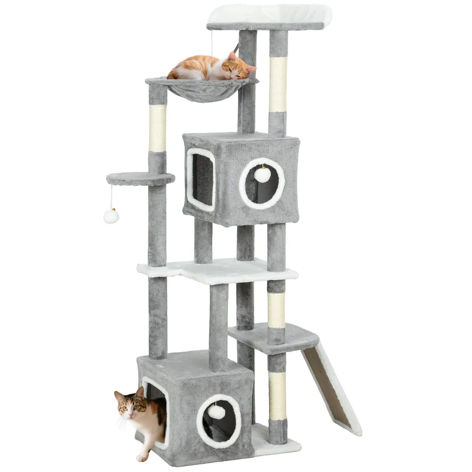 pawhut-arbre-chat-gris-165-cm-avec-2-niches-hamac-rampe-et-perchoir image 1
