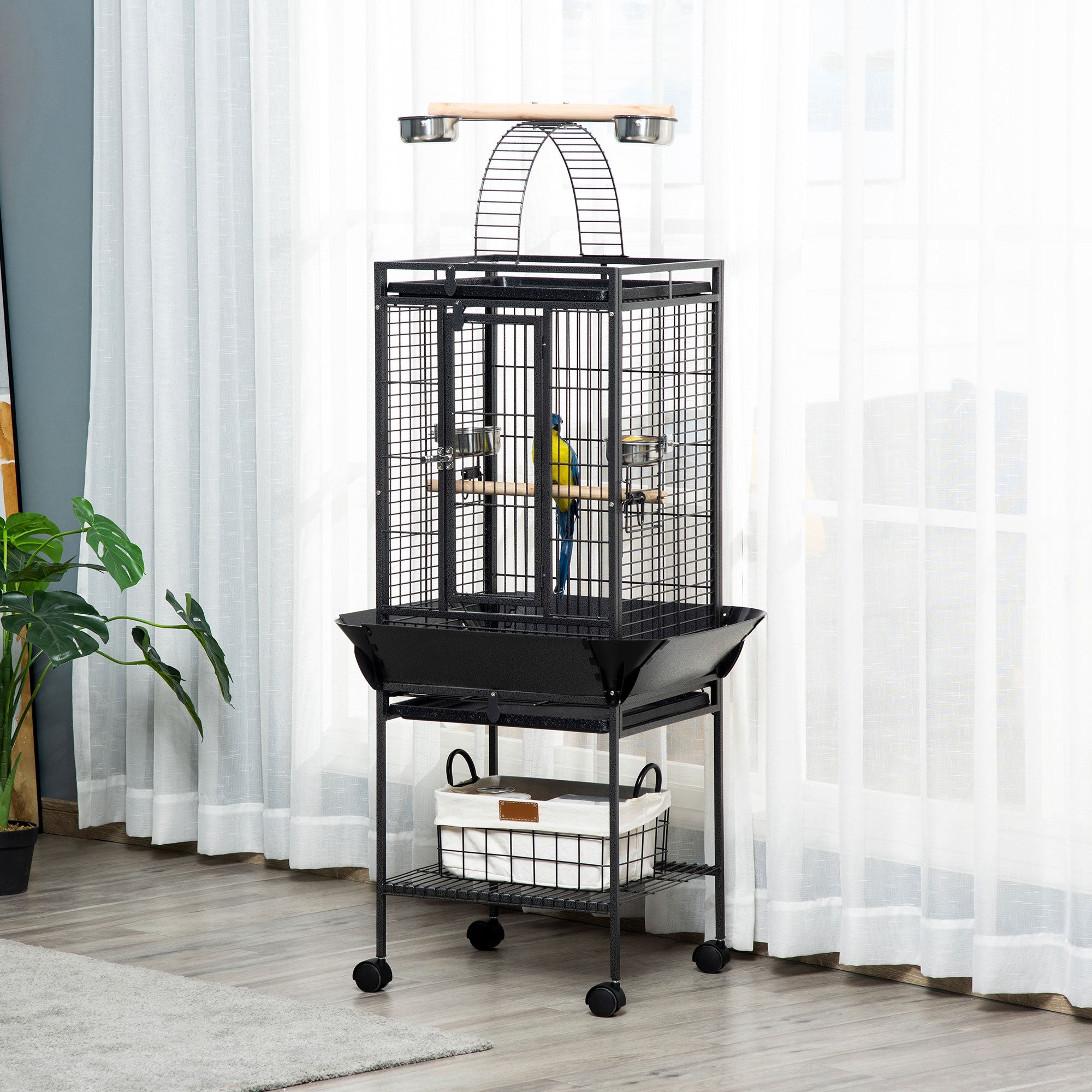 pawhut-cage-voli-re-156-cm-pour-perruche-et-conure-avec-aire-de-jeu-et-roulettes image 4