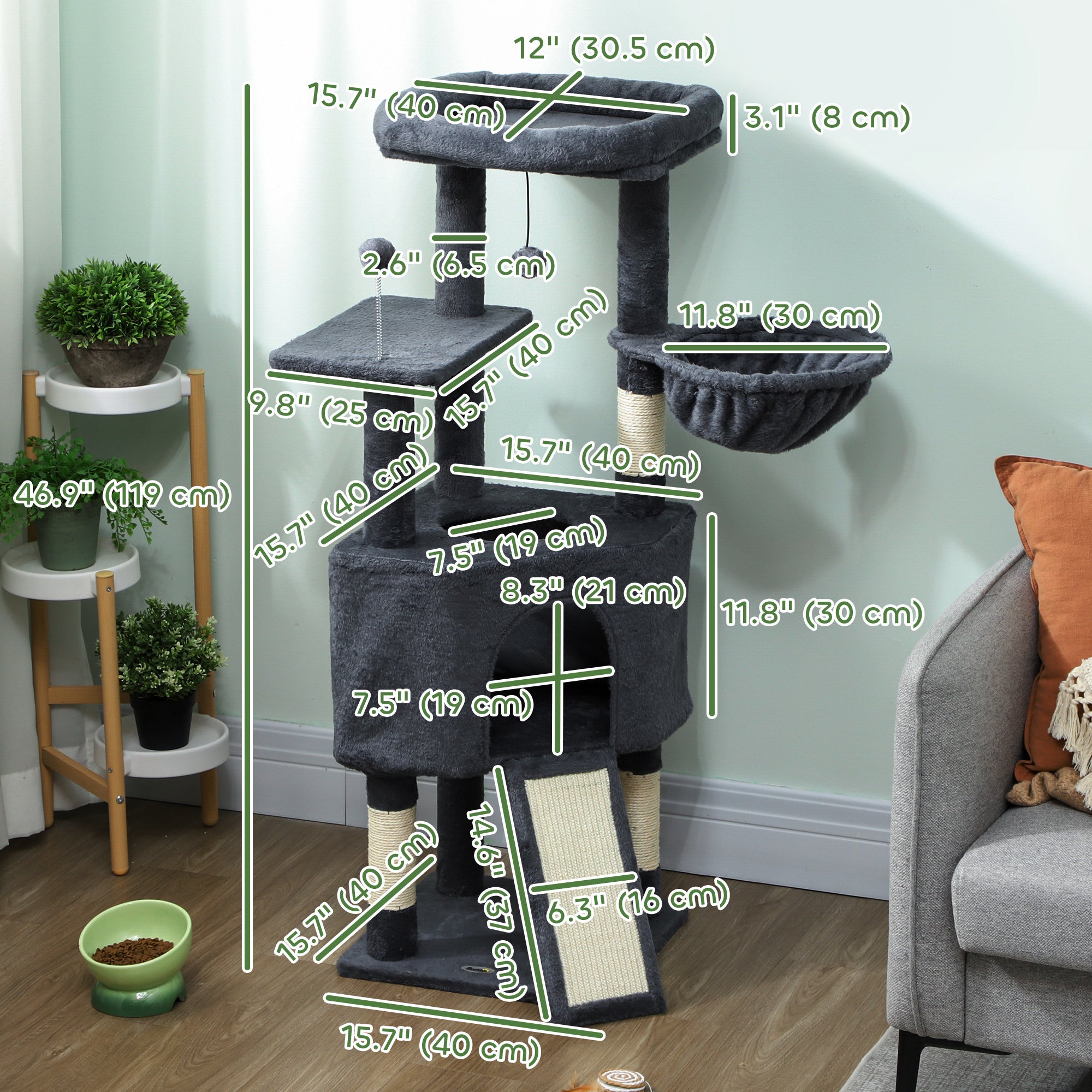 pawhut-arbre-chat-47-pouces-avec-niche-hamac-lit-et-chelle-gris-fonc image 5