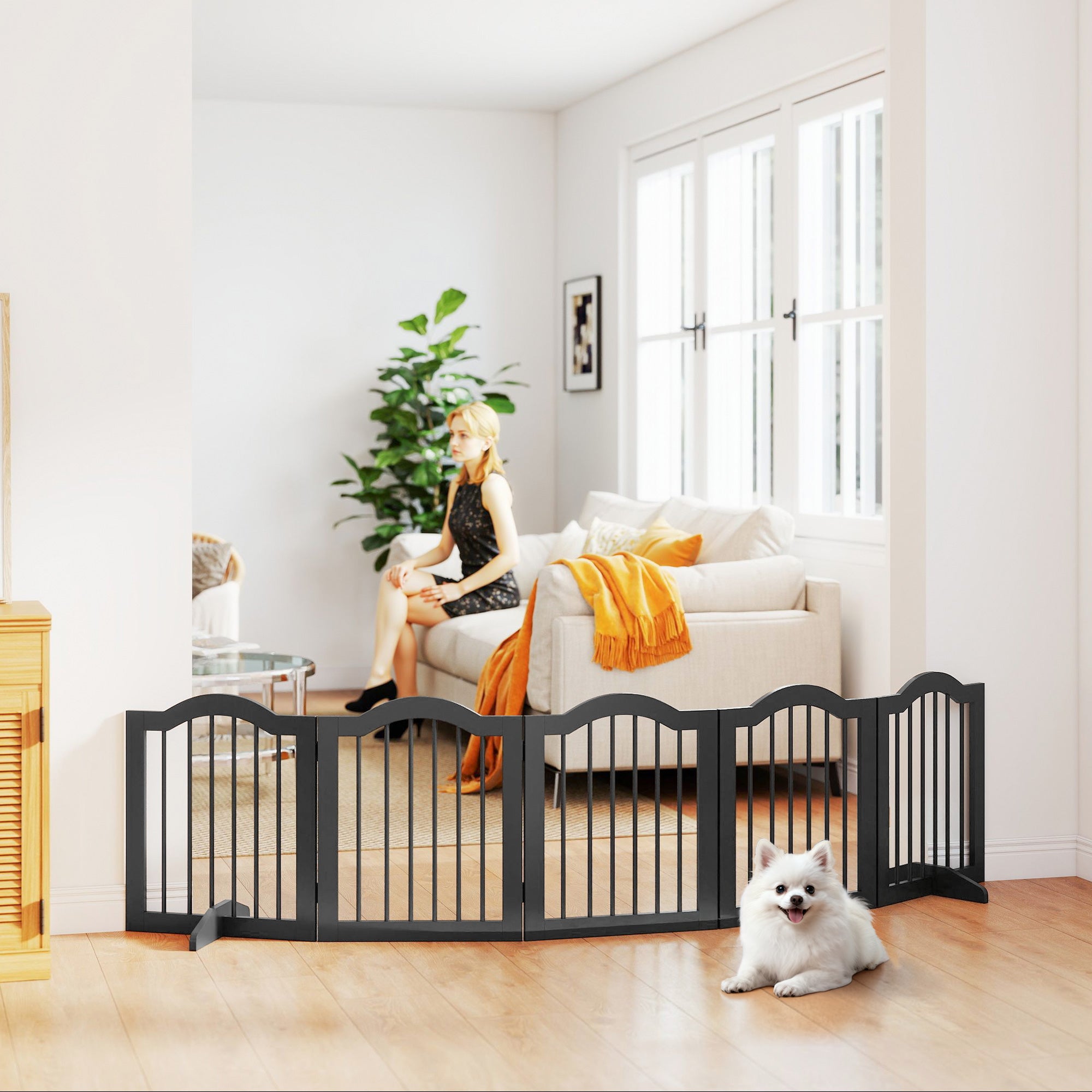 pawhut-barri-re-chien-en-bois-pliable-5-panneaux-autoportante-noir image 4