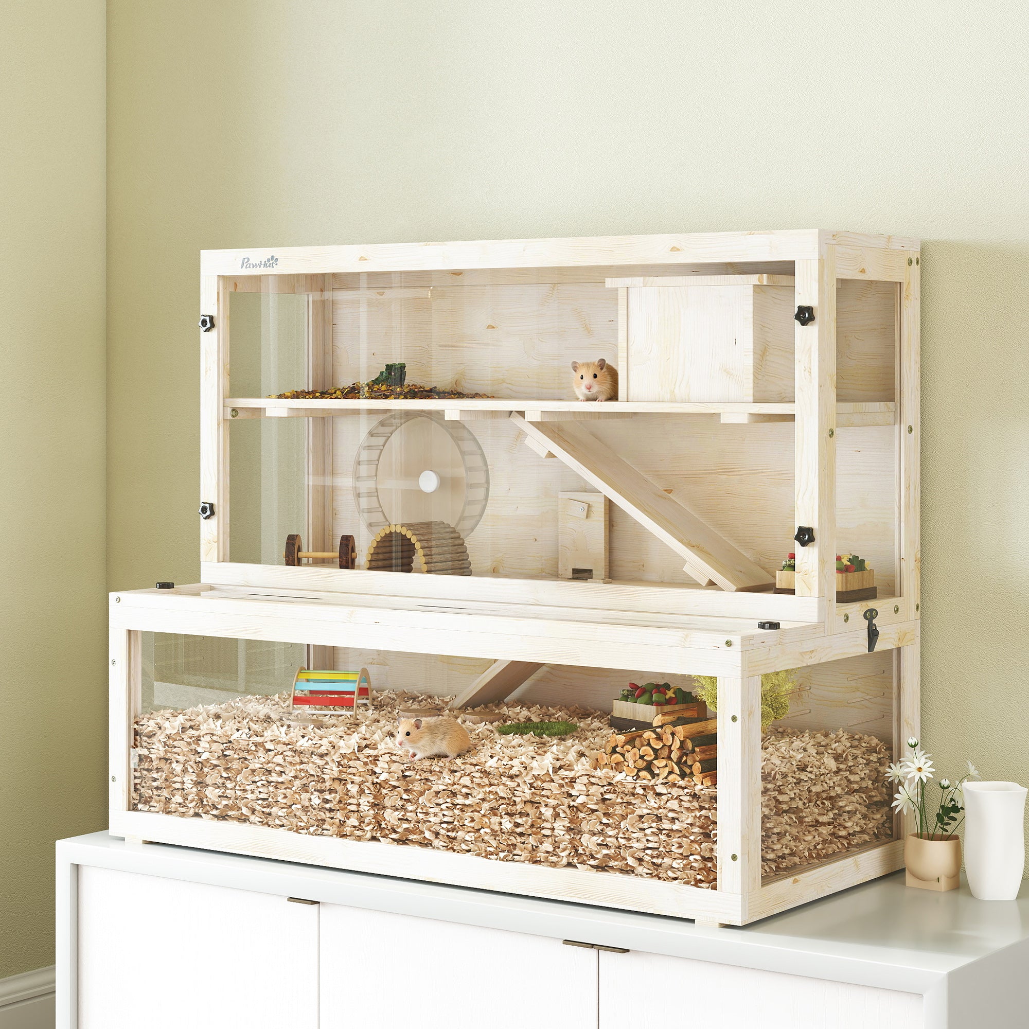 pawhut-cage-hamster-bois-100-x-50-x-84-cm-3-tages-avec-roue-et-rampes image 3