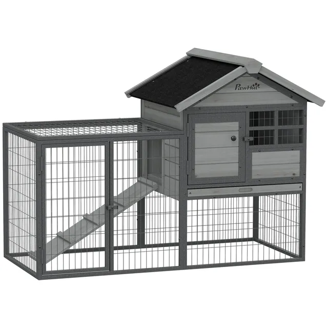 pawhut-clapier-ext-rieur-48-avec-parc-toit-asphalte-et-bac-amovible-gris image 1