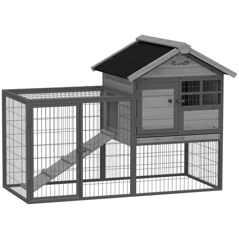 pawhut-clapier-ext-rieur-48-avec-parc-toit-asphalte-et-bac-amovible-gris image 1