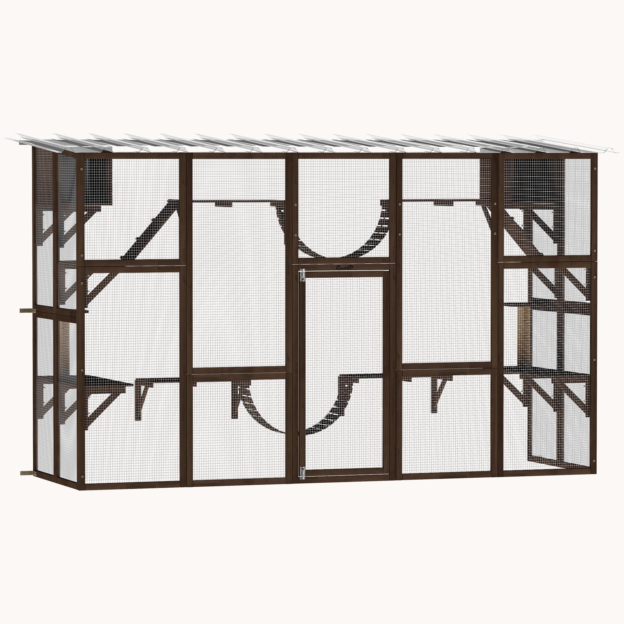 pawhut-catio-ext-rieur-bois-avec-toit-6-plateformes-marron-caf image 1