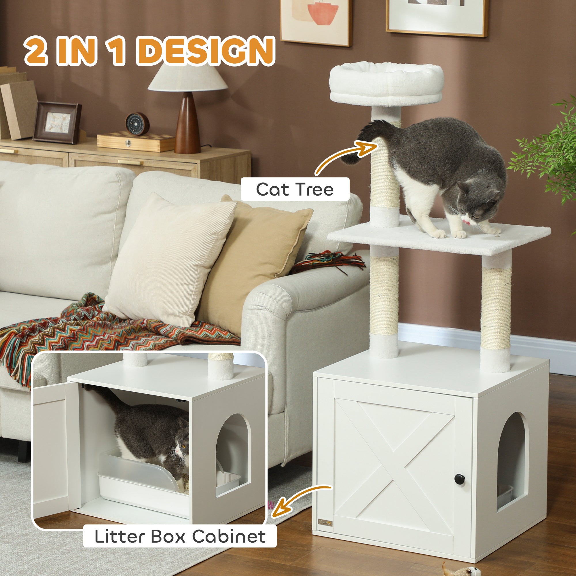 pawhut-arbre-chat-avec-meuble-liti-re-cach-e-et-griffoirs-blanc image 6