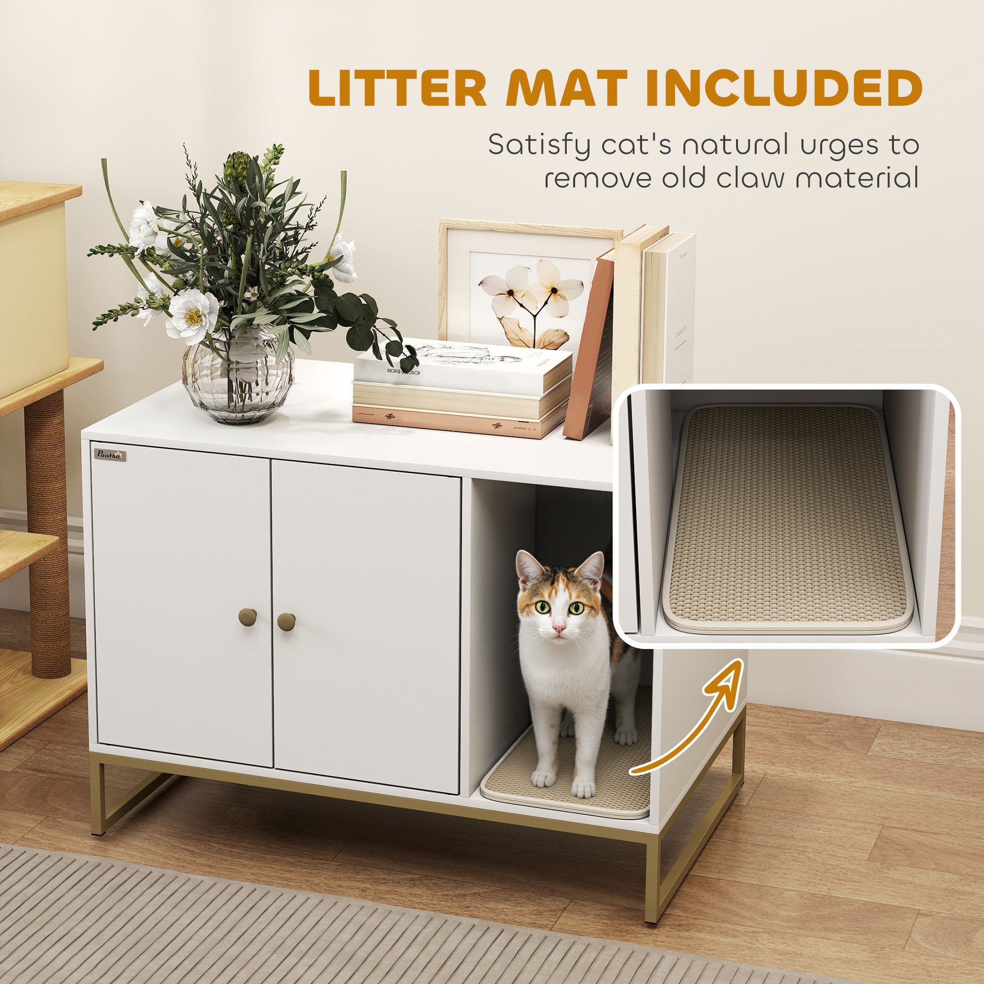 pawhut-meuble-liti-re-cach-e-avec-tapis-et-rangement-lat-ral-blanc image 8