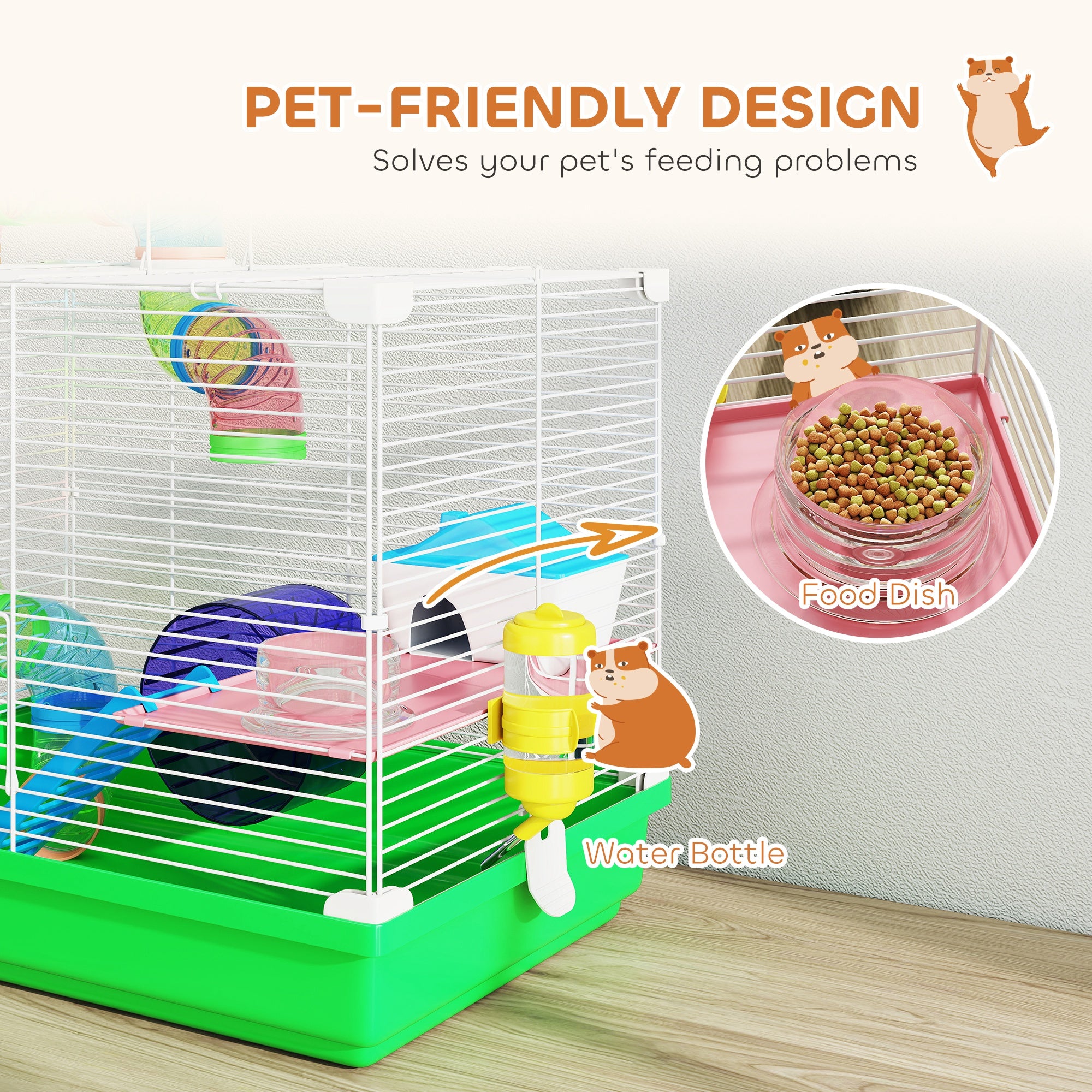 pawhut-cage-hamster-2-tages-avec-roue-tunnel-et-poign-e-verte image 7