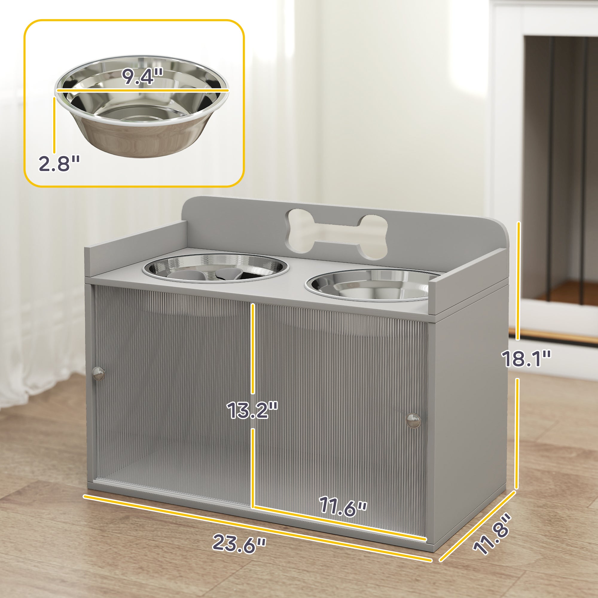 pawhut-gamelle-sur-lev-e-pour-grand-chien-gris-avec-rangement-2-bols-inox image 5