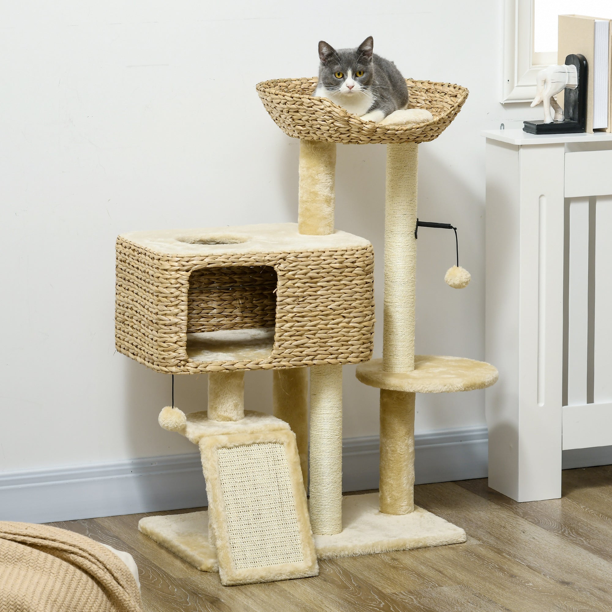 pawhut-arbre-chat-98-cm-avec-niche-lit-rampe-et-griffoirs-beige image 3