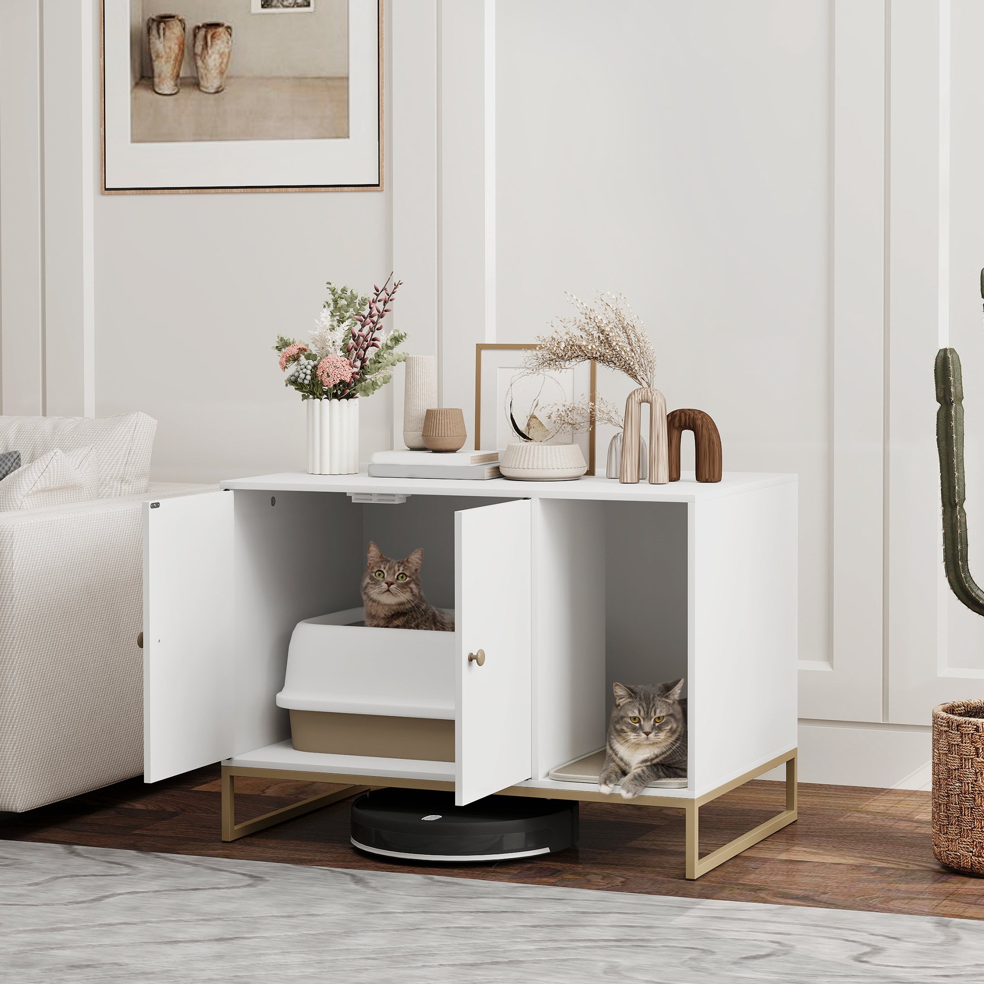 pawhut-meuble-liti-re-cach-e-avec-tapis-et-rangement-lat-ral-blanc image 3