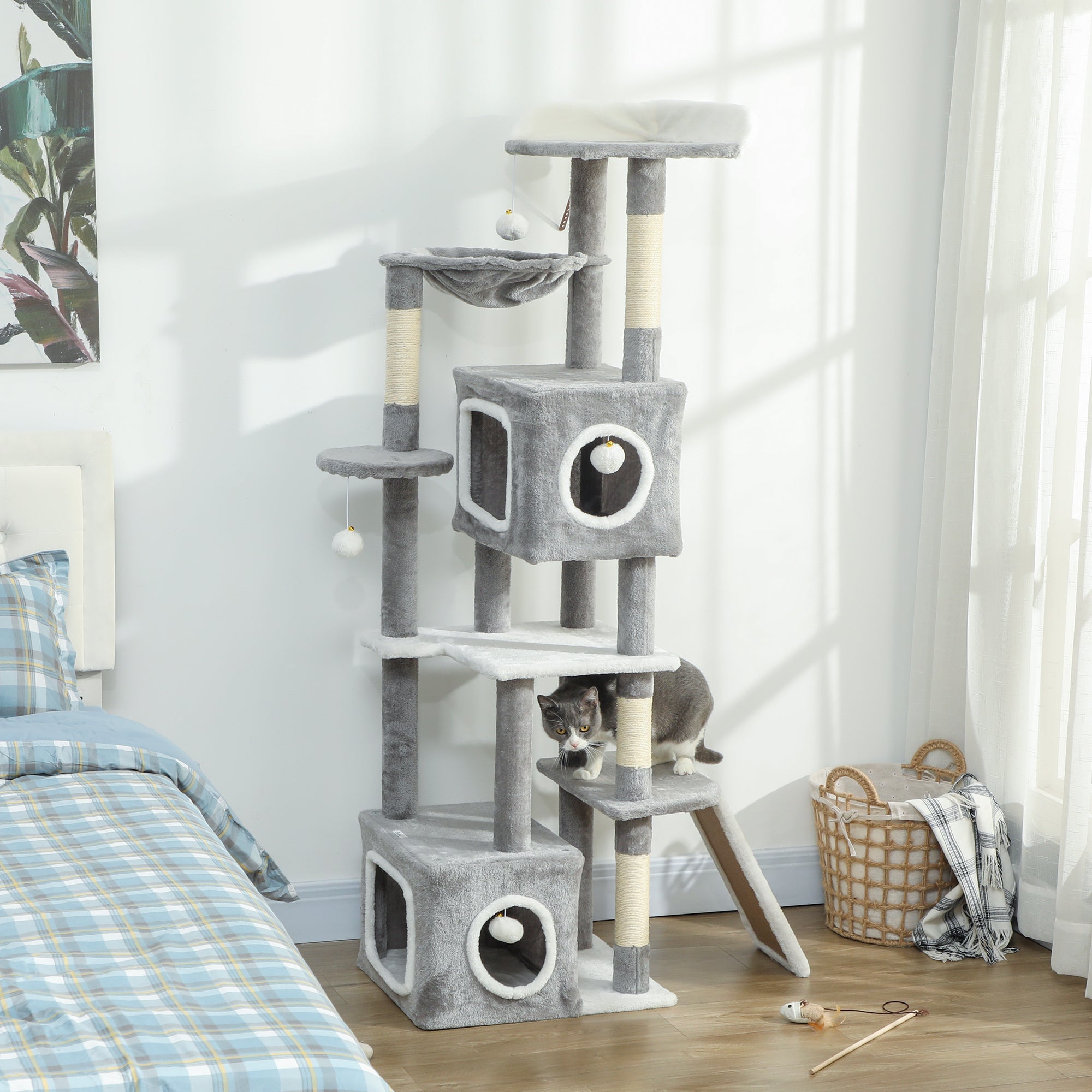 pawhut-arbre-chat-gris-165-cm-avec-2-niches-hamac-rampe-et-perchoir image 3