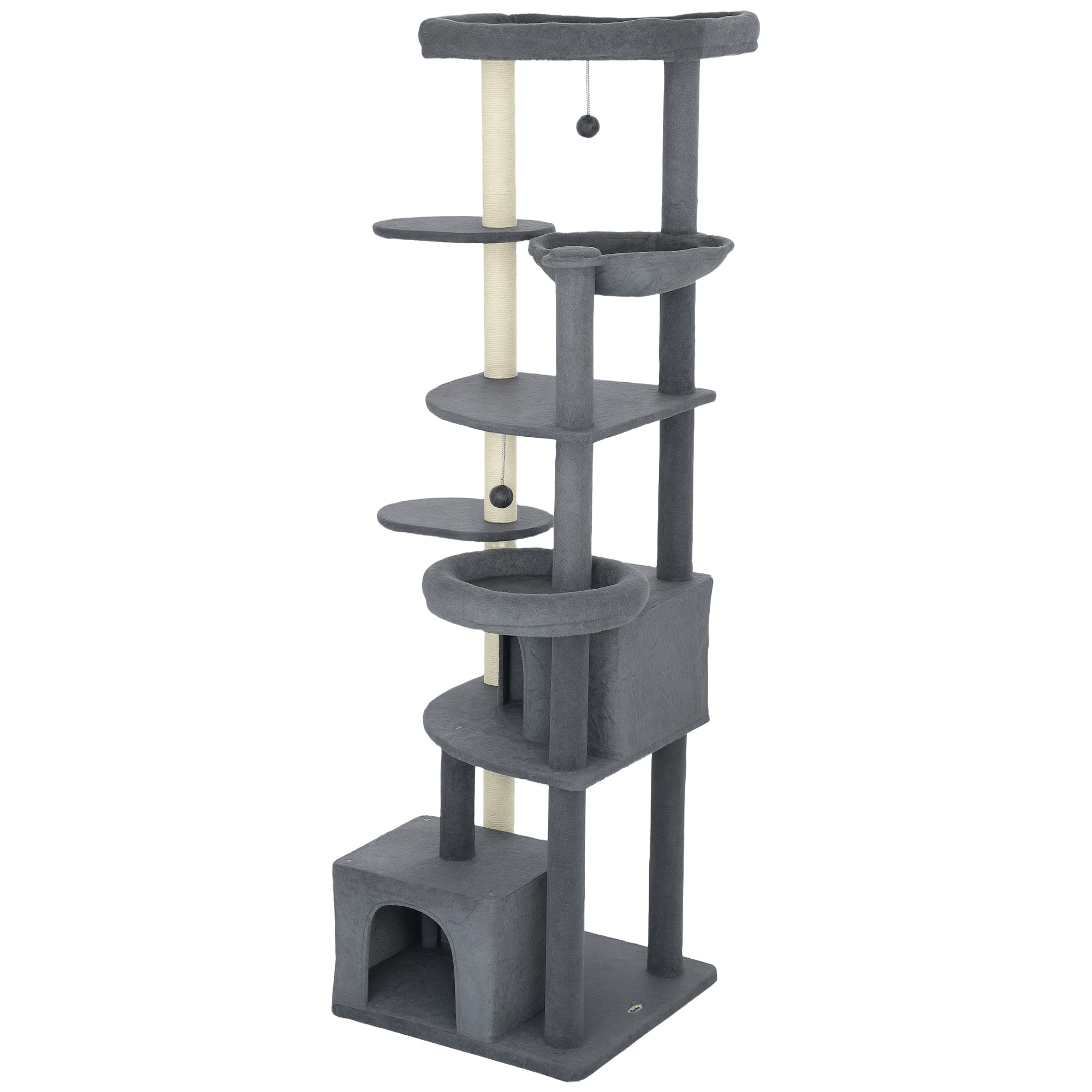 pawhut-arbre-chat-g-ant-79-avec-2-niches-2-perchoirs-et-hamac-gris-fonc image 2
