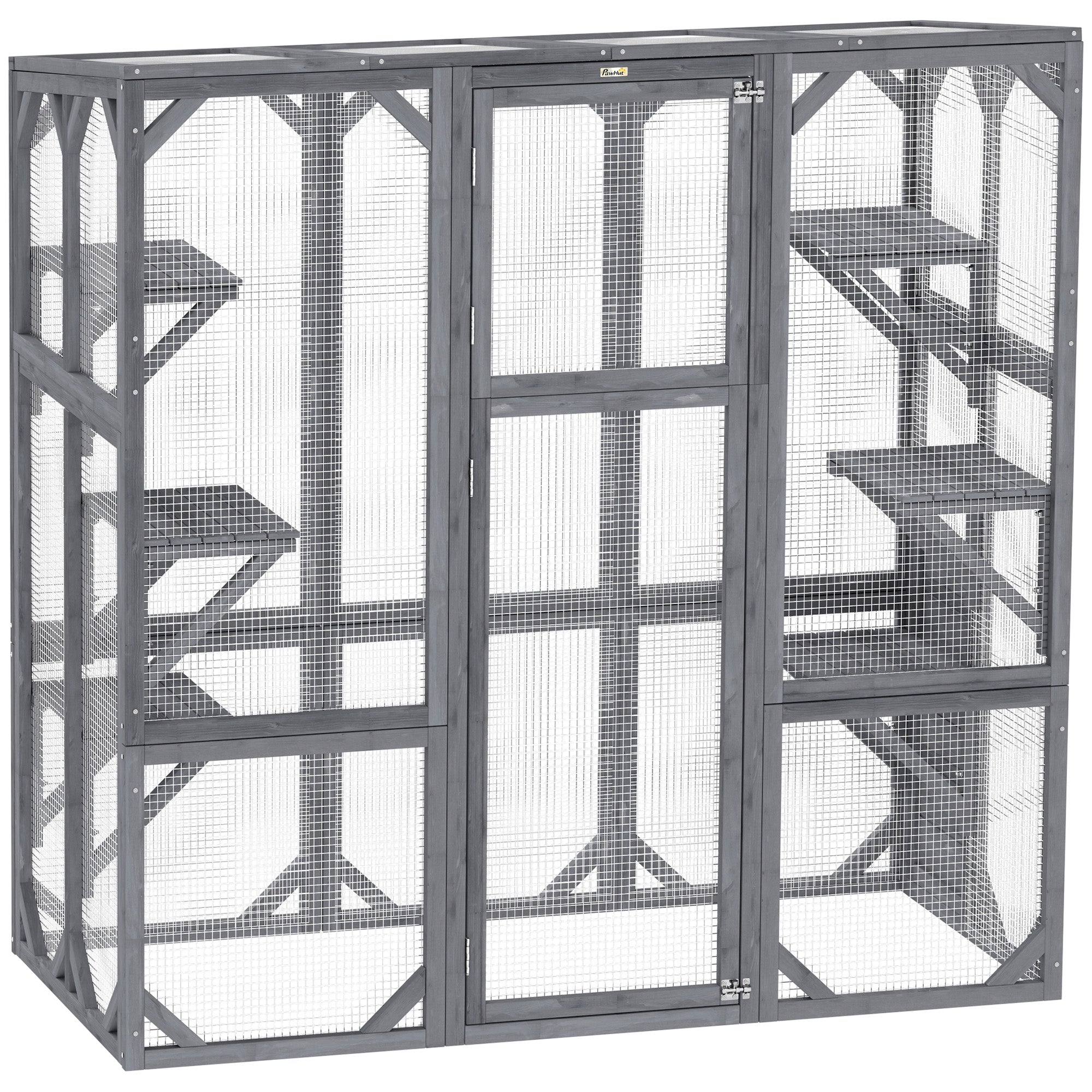 pawhut-catio-ext-rieur-grand-enclos-avec-6-plateformes-et-toit-imperm-able-gris image 2