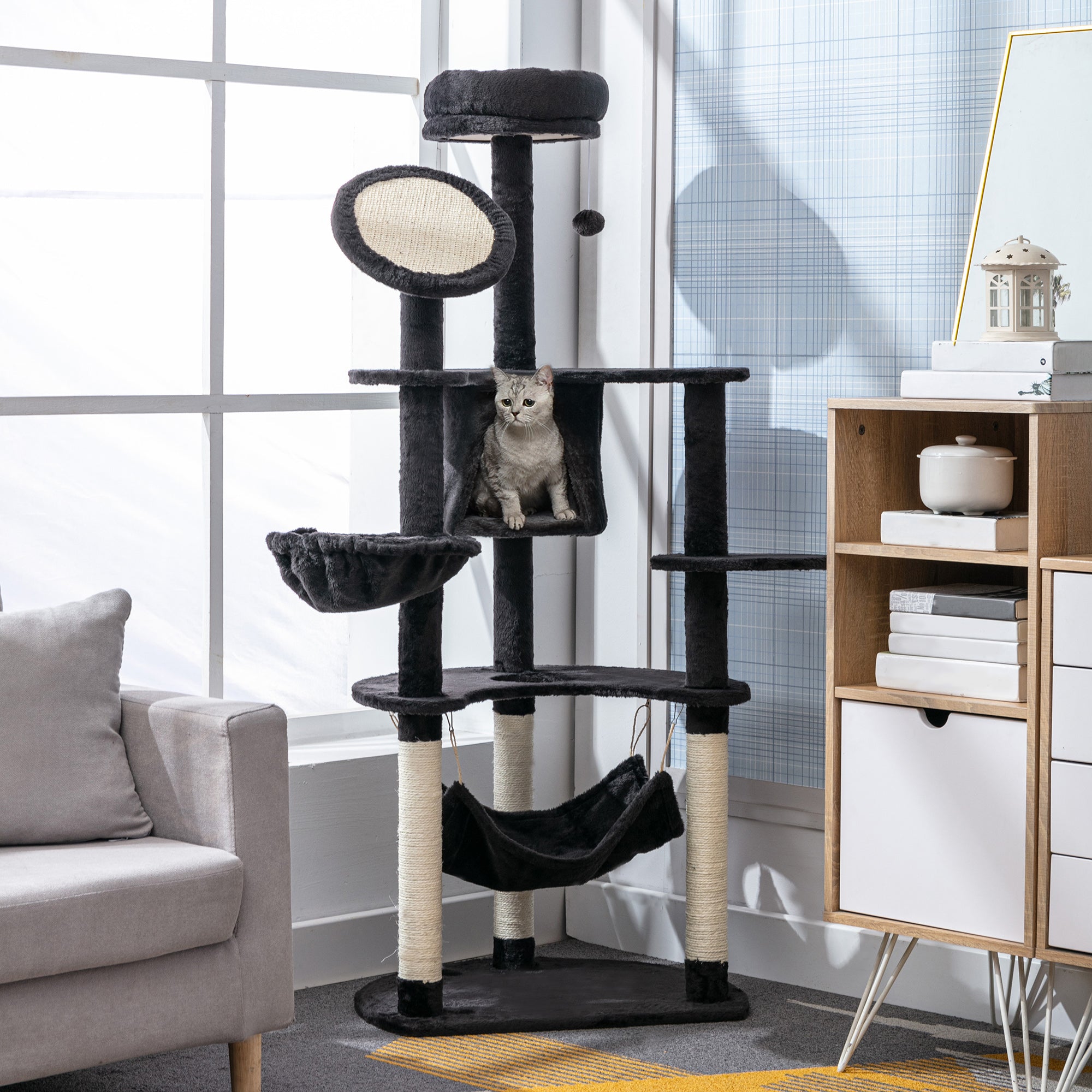 pawhut-arbre-chat-150-cm-avec-niche-2-hamacs-et-griffoirs-gris-fonc image 3