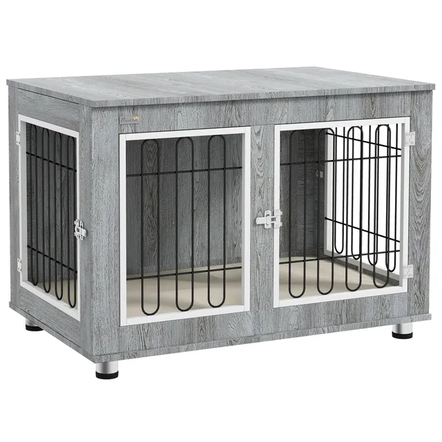 pawhut-niche-d-int-rieur-table-d-appoint-avec-coussin-pour-grand-chien-gris image 1