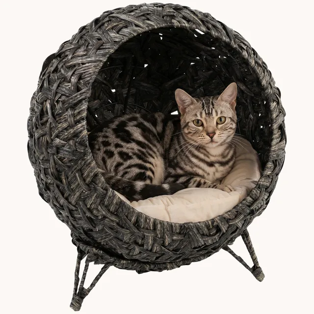 pawhut-lit-chat-sur-lev-rotin-tress-gris-avec-coussin-et-base-m-tal image 1