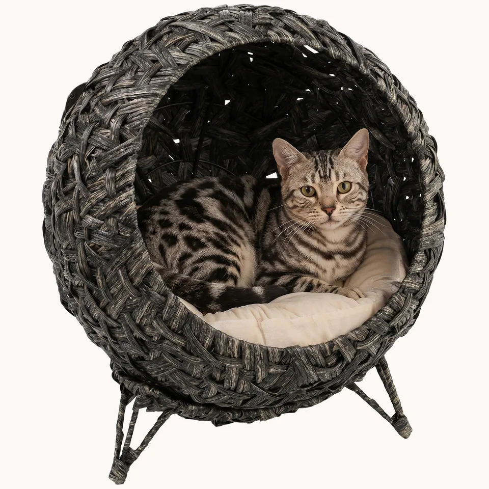 pawhut-lit-chat-sur-lev-rotin-tress-gris-avec-coussin-et-base-m-tal image 1