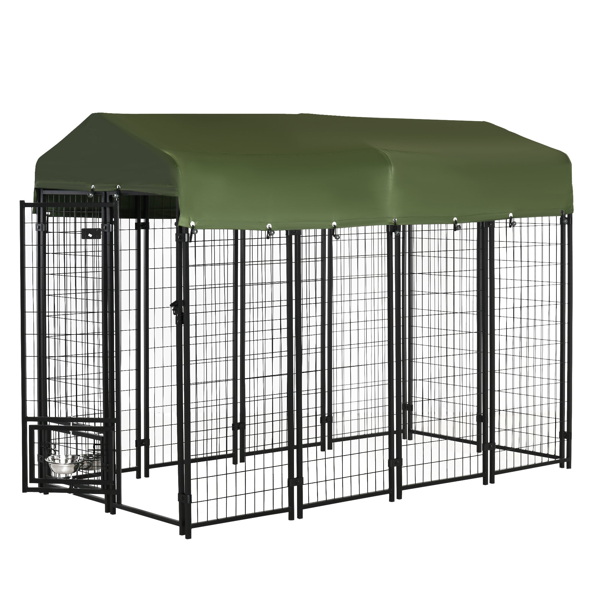 pawhut-chenil-ext-rieur-acier-avec-auvent-et-gamelles-rotatives-vert image 2