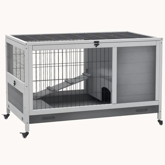 pawhut-clapier-lapin-compact-roulettes-bois-gris image 1