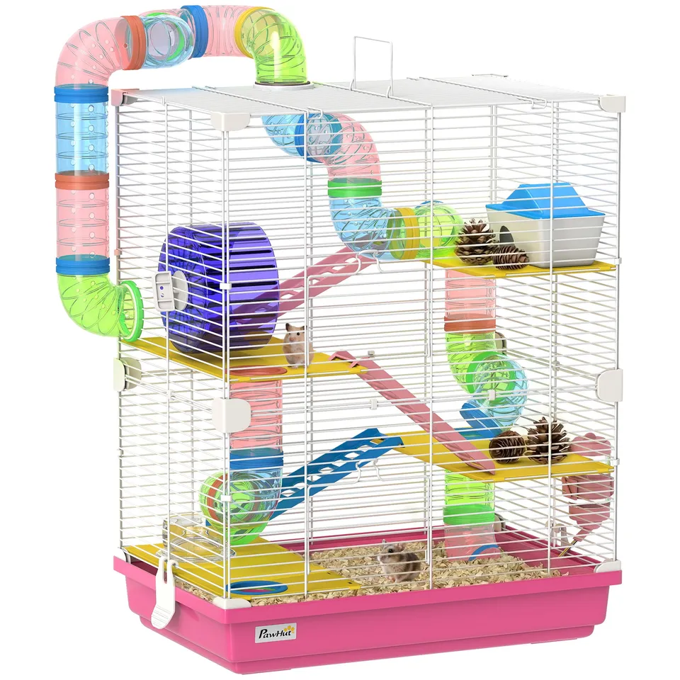 pawhut-cage-hamster-5-tages-rose-avec-roues-tubes-et-accessoires-pour-gerbilles image 1