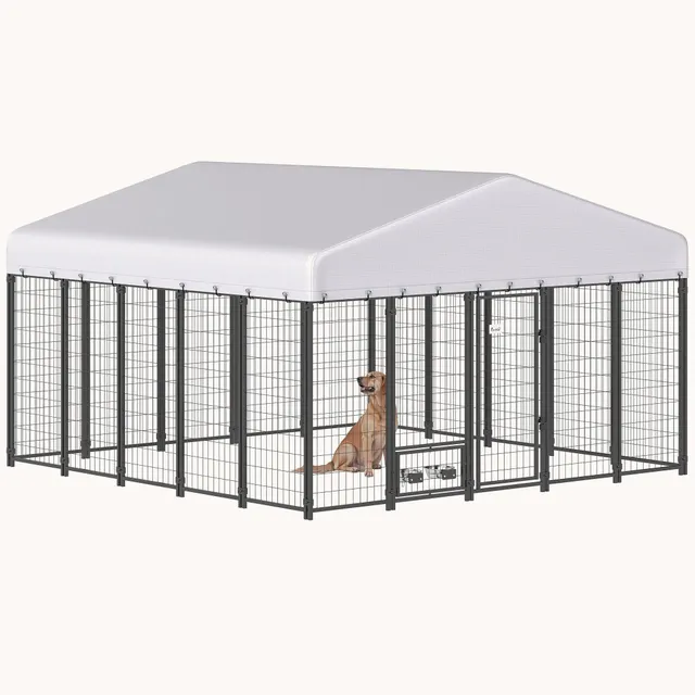 pawhut-chenil-s-curis-9-8-x-9-8-x-6-avec-toit-anti-uv-et-mangeoire-rotative image 1