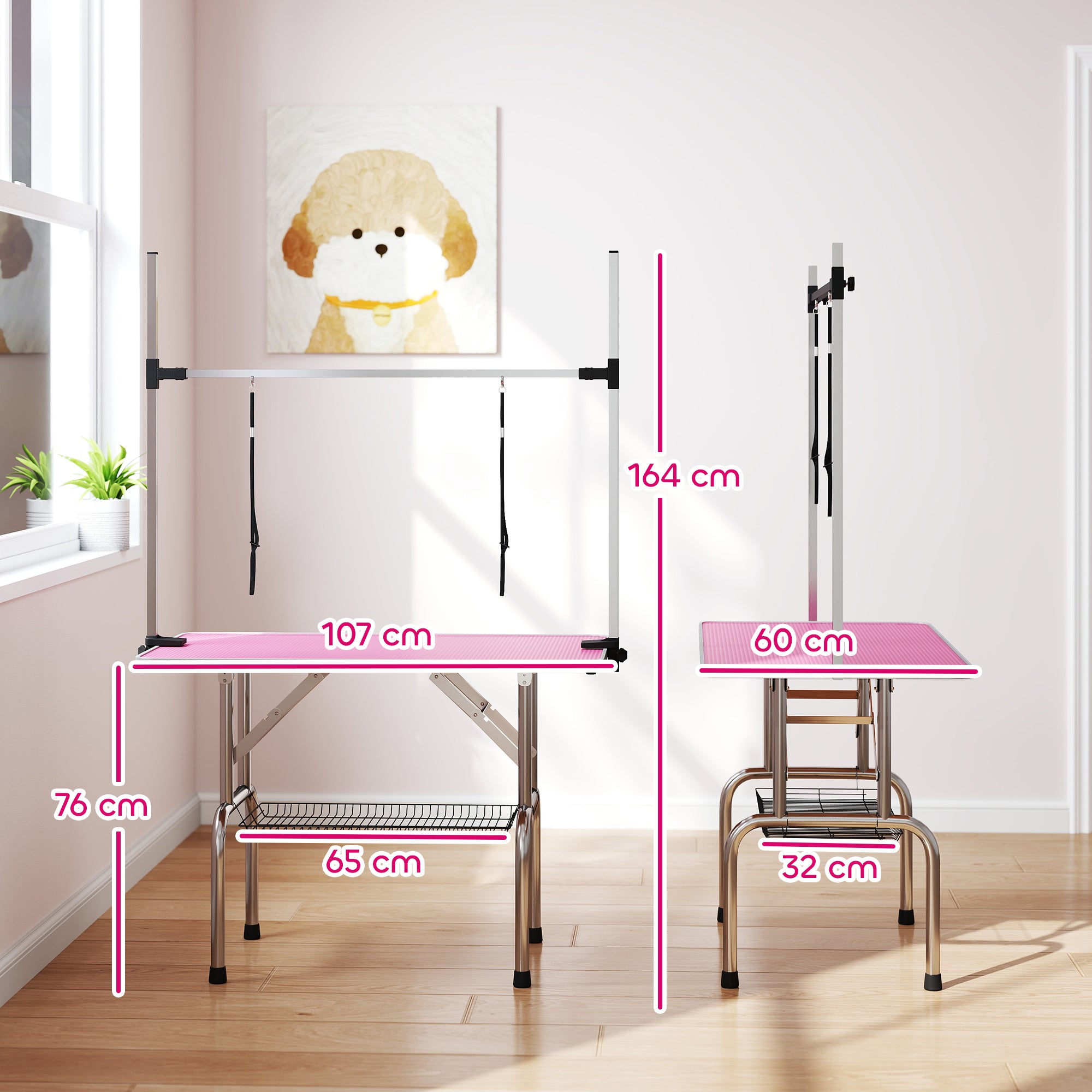pawhut-table-de-toilettage-pliable-rose-107-x-60-x-164-cm-plateau-antid-rapant-j image 5