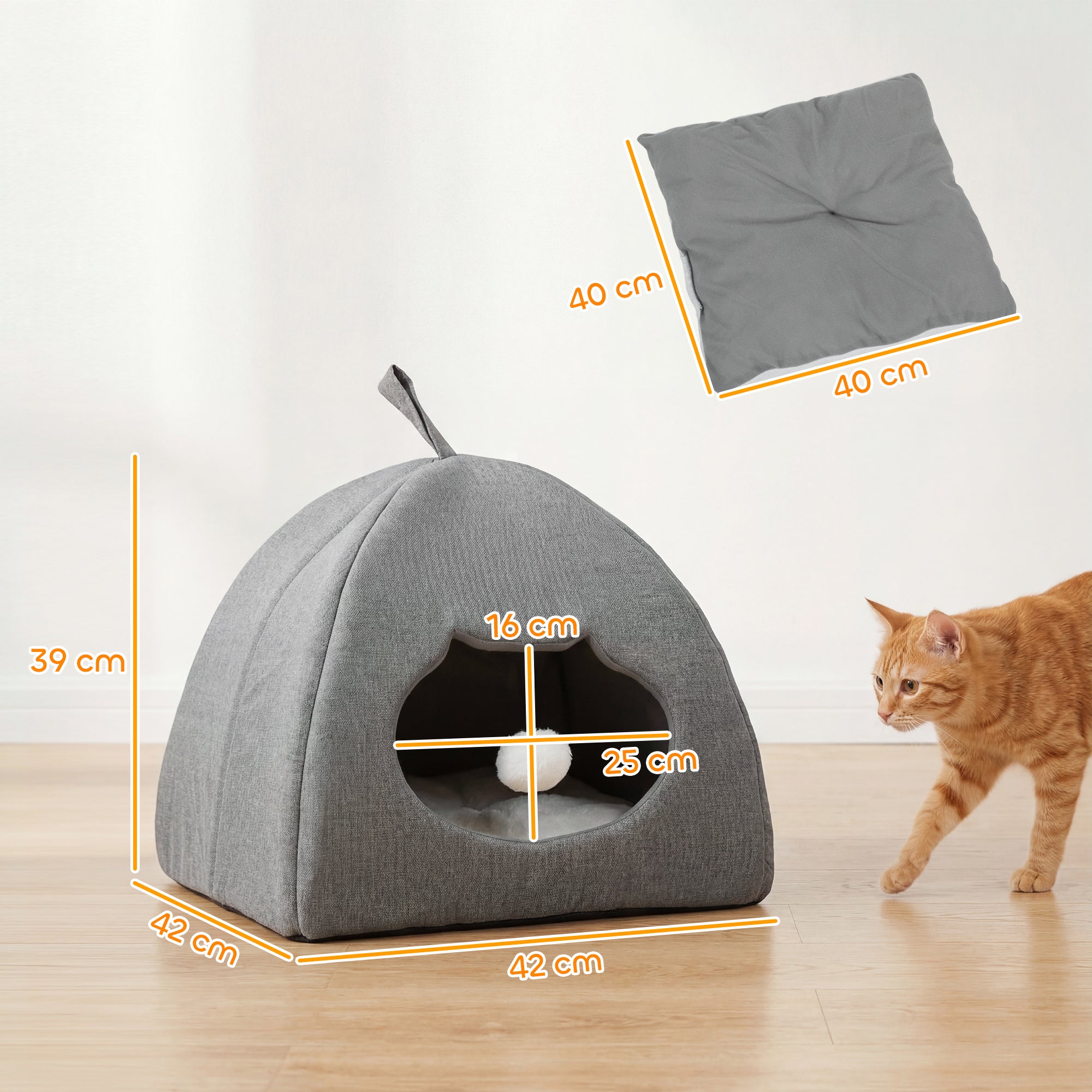 pawhut-niche-grotte-pour-chat-avec-coussin-r-versible-et-balle-42x42x39-cm-gris image 5