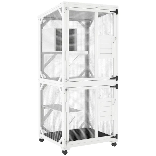 pawhut-catio-sur-lev-roulettes-182-cm-avec-plateformes-et-toit-blanc image 1