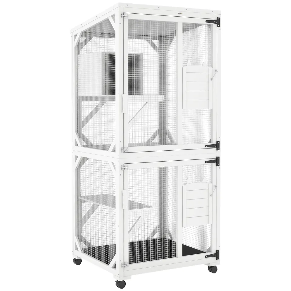 pawhut-catio-sur-lev-roulettes-182-cm-avec-plateformes-et-toit-blanc image 1