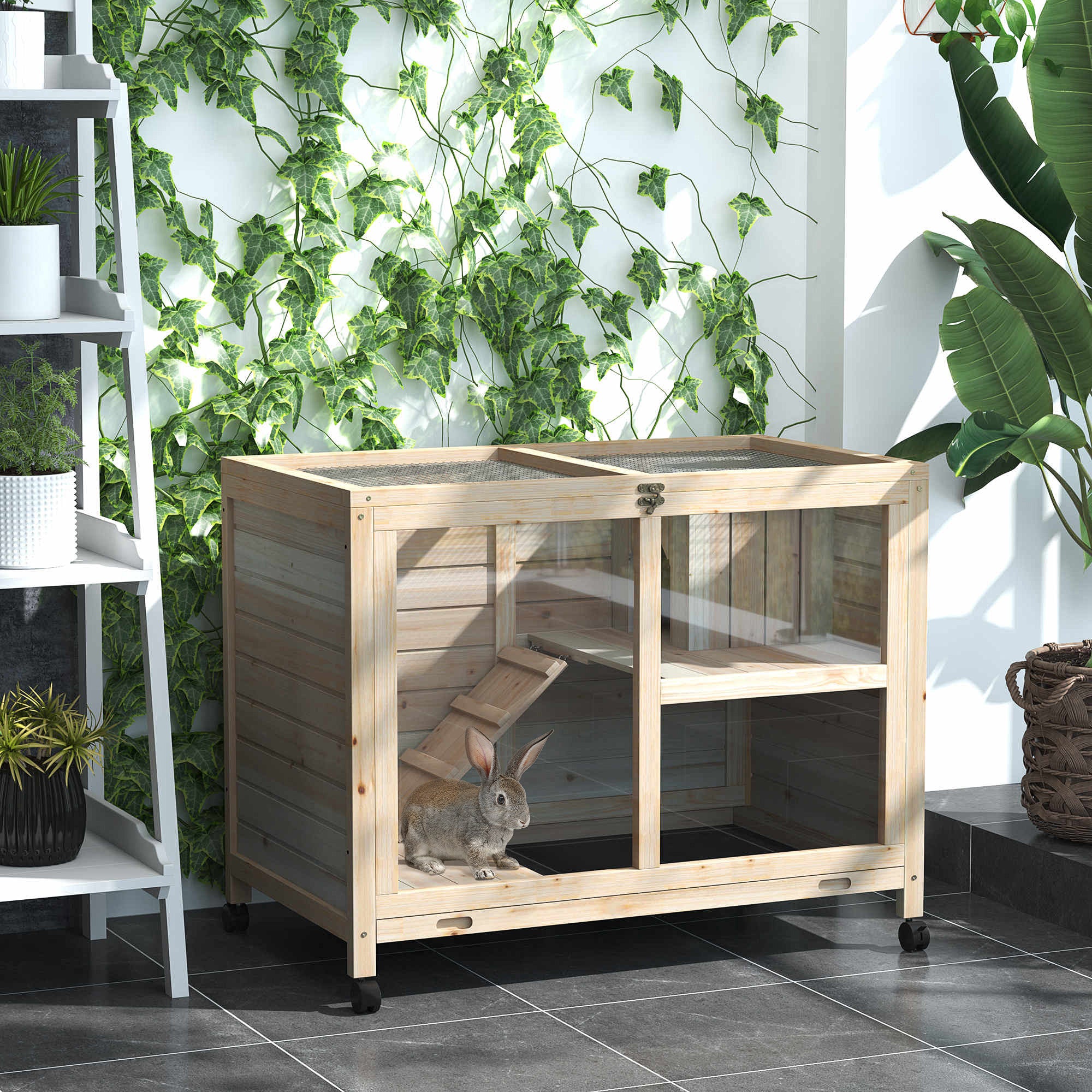 pawhut-cage-cochon-d-inde-2-tages-en-bois-roulettes-toit-ouvrant-naturel image 3