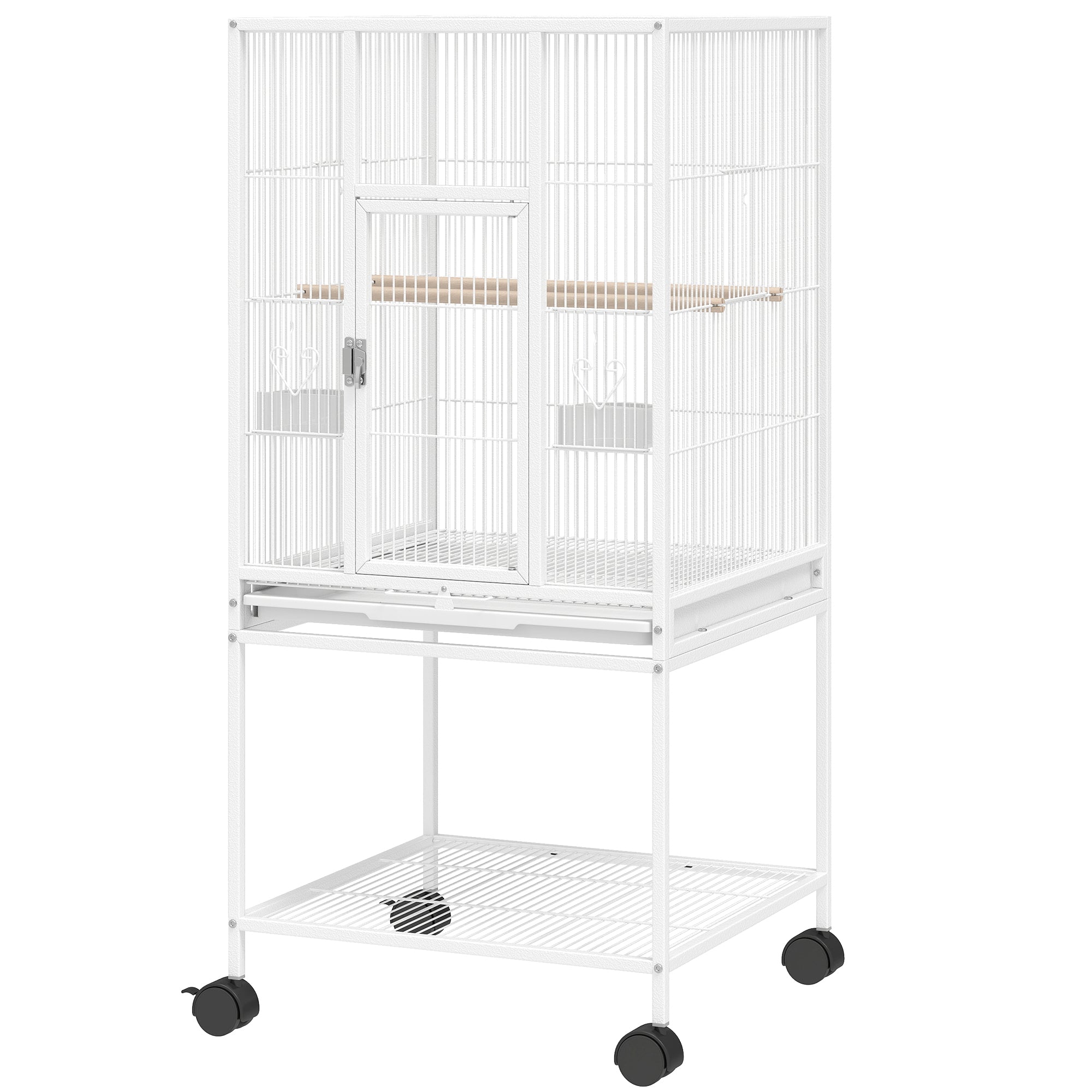 pawhut-cage-oiseaux-d-tachable-sur-roulettes-avec-tag-re-blanc image 2