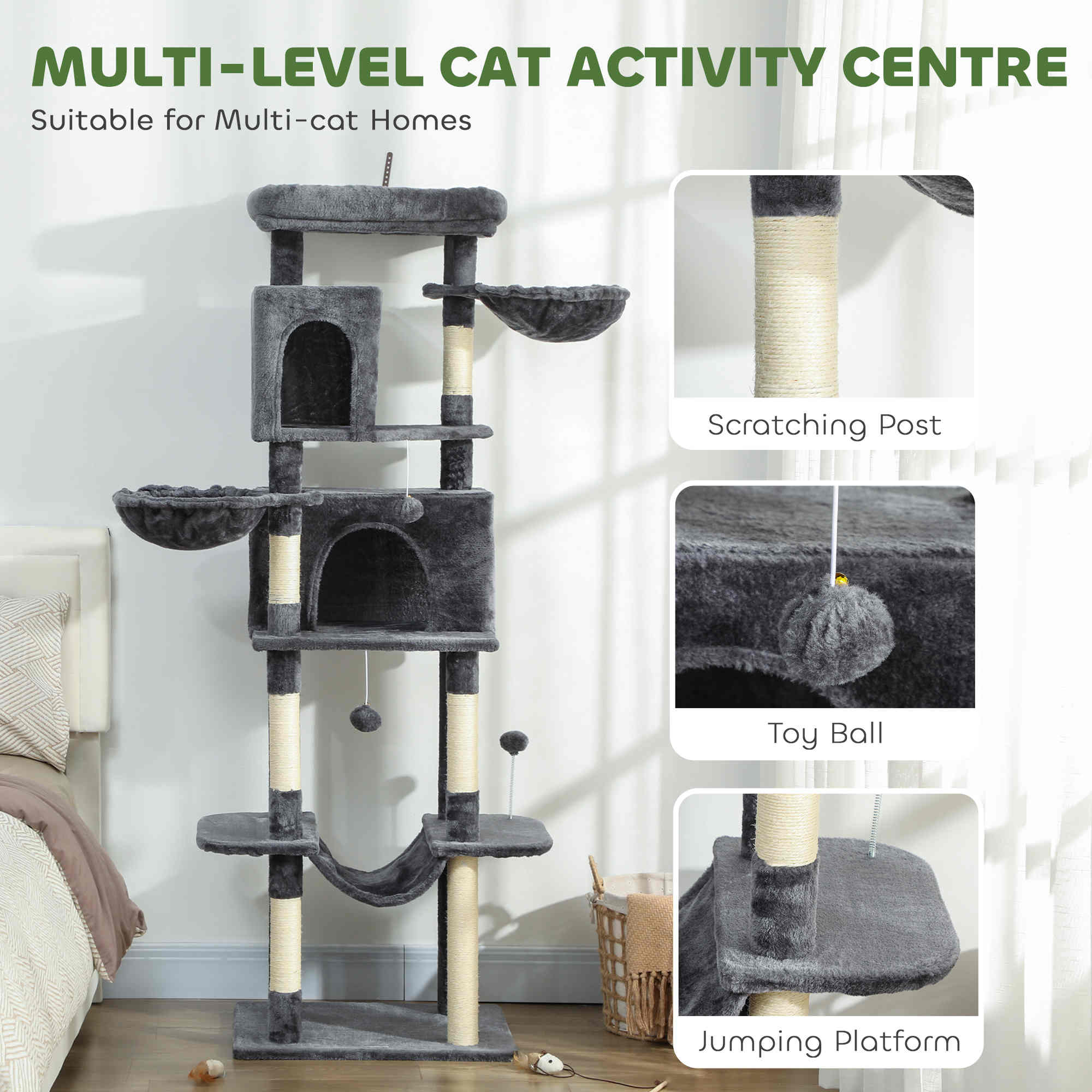 pawhut-arbre-chat-175-cm-type-tour-avec-2-niches-3-hamacs-et-perchoirs-gris-fonc image 6