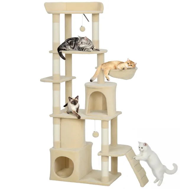 pawhut-grand-arbre-chat-170-cm-7-griffoirs-2-niches-hamac-beige image 1